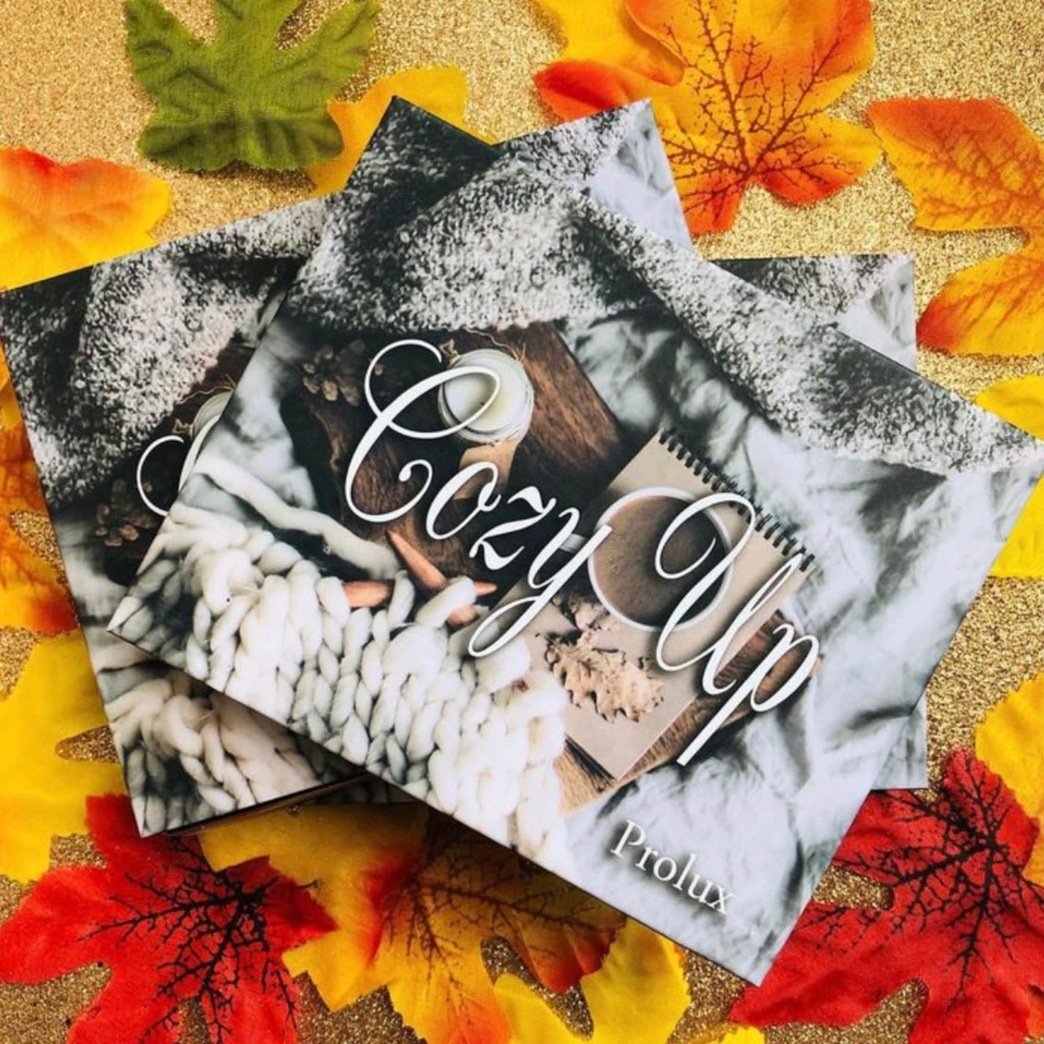 Cozy Up book covers with white script, gray and white textured background, and fall leaves in red, yellow and orange colors