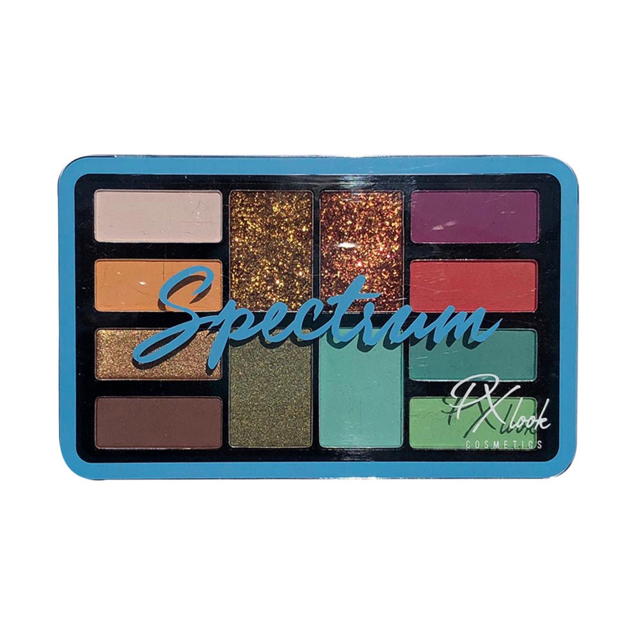 Eyeshadow palette with blue frame, Spectrum text, and various colors including gold glitter and green shades