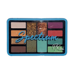 Eyeshadow palette with blue frame, Spectrum text, and various colors including gold glitter and green shades