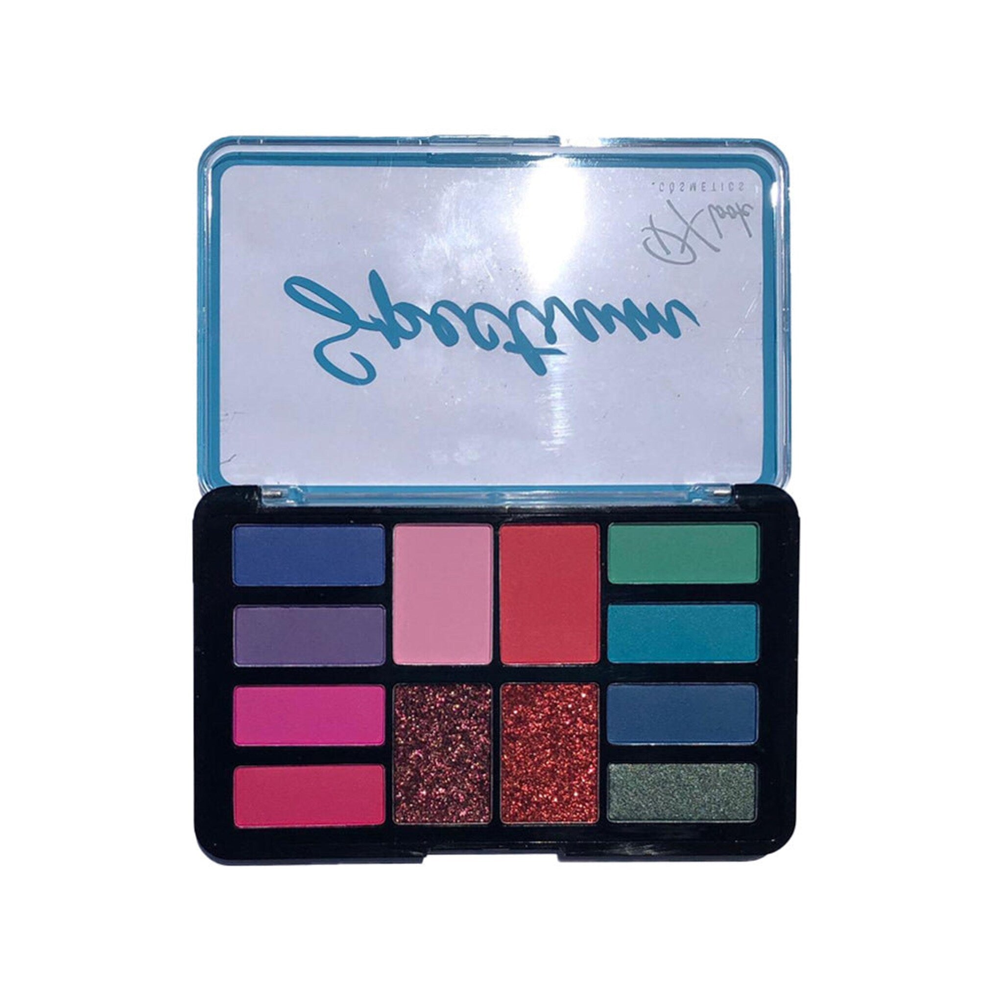 Eyeshadow palette with multiple colors, glitter and matte finishes, with clear lid and brand text