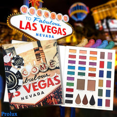 Eyeshadow palette with colorful eyeshadows, Las Vegas theme, Prolux brand name visible