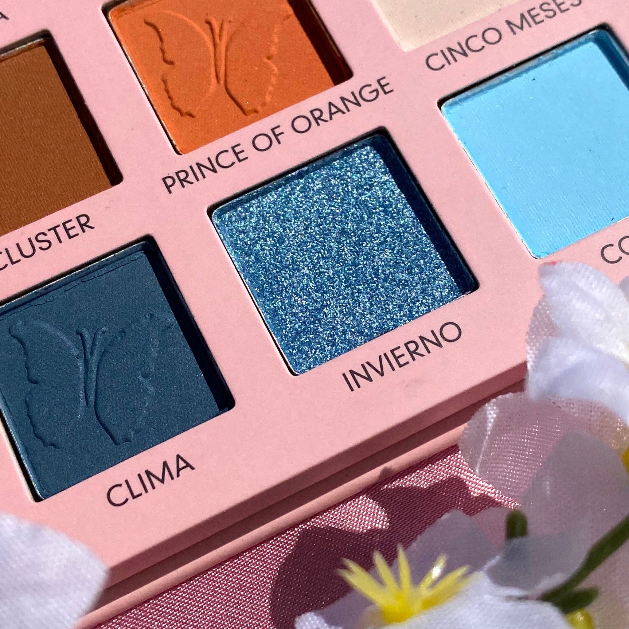 Eyeshadow palette with orange, blue, and brown shades, butterfly imprint detail, pink palette case