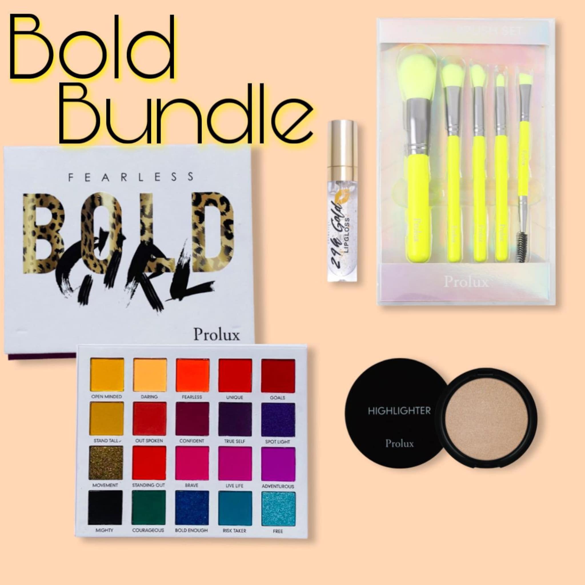 Eye makeup bundle set with leopard print, neon yellow, and Prolux brand name visible