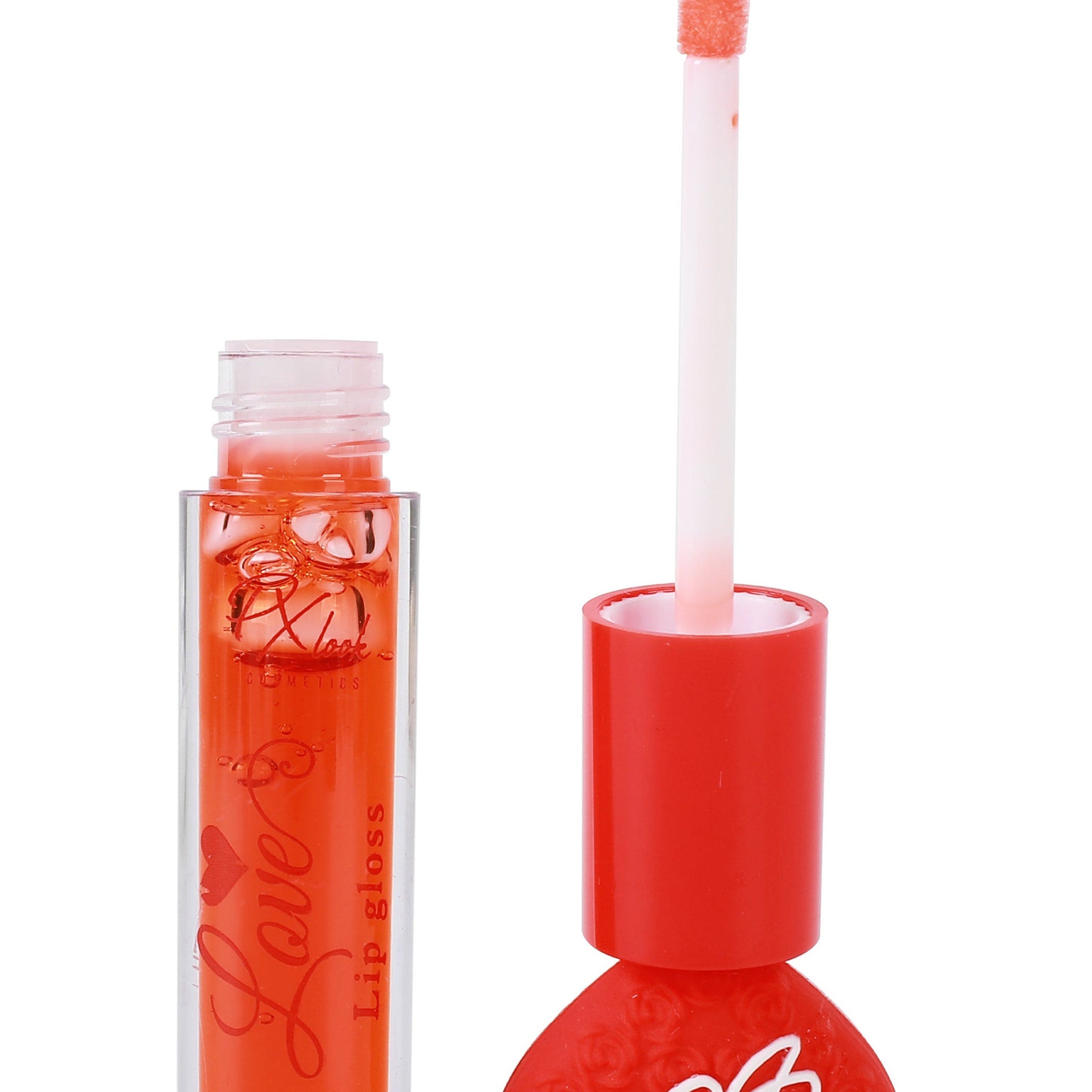 Side view of PXLOOK Love Lip Gloss tube showcasing glossy pink cap and transparent bottle with shimmering liquid