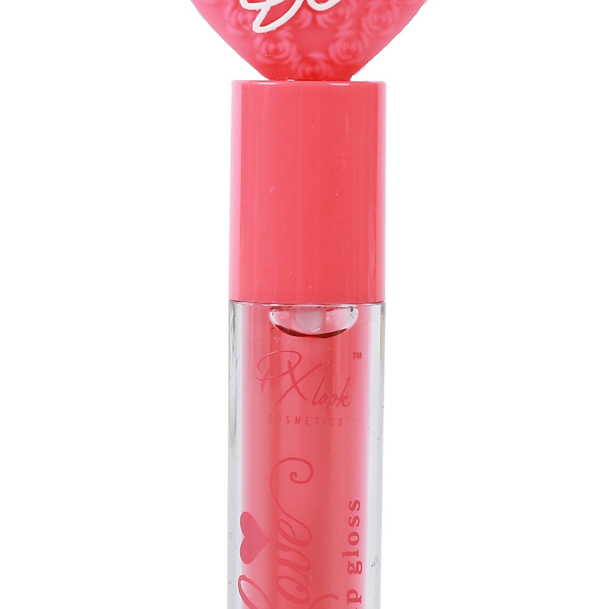 Close-up of PXLOOK Love Lip Gloss tube showing glossy pink cap and shimmering liquid formula inside clear container