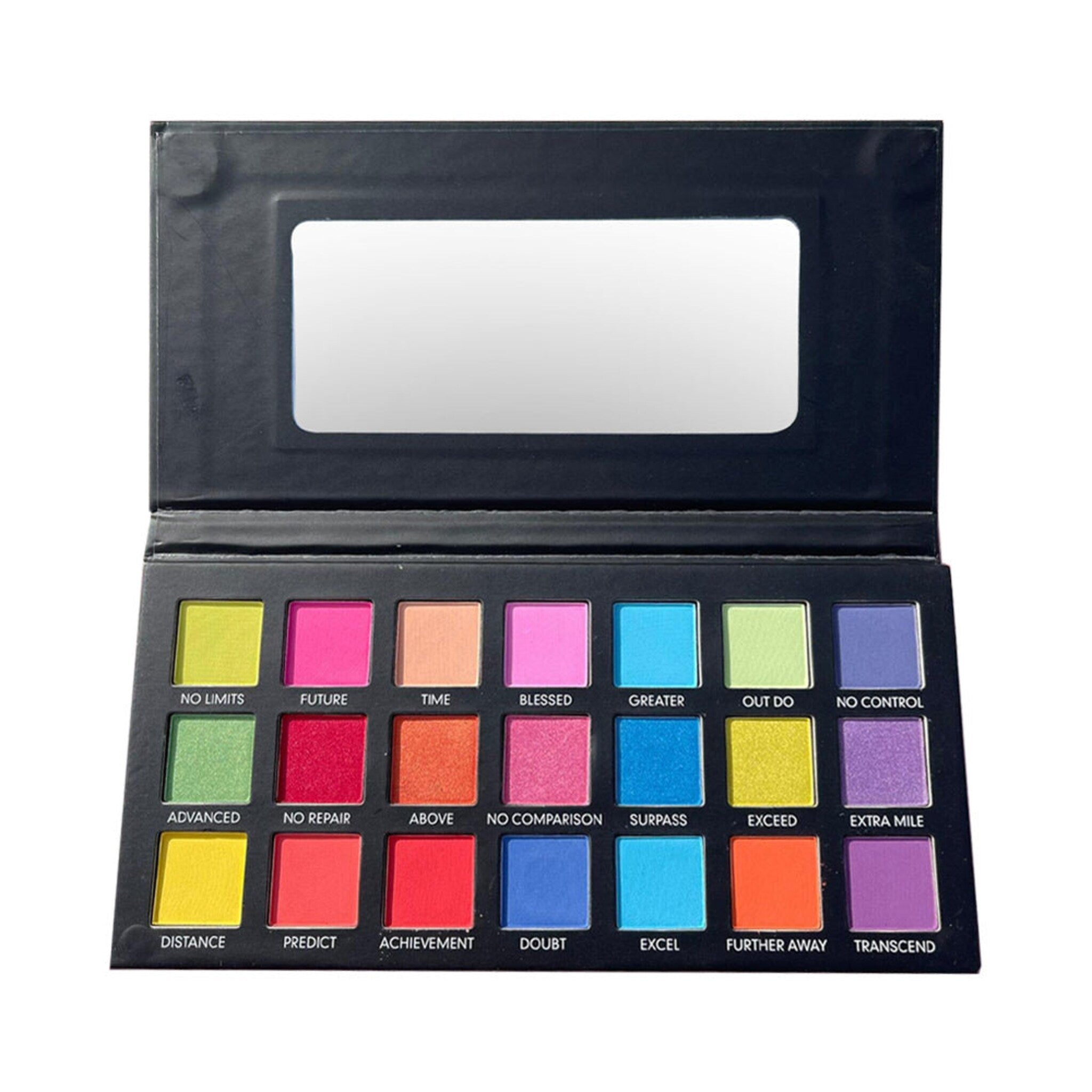 Eyeshadow palette with multiple colorful squares and a black case with mirror