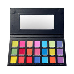 Eyeshadow palette with multiple colorful squares and a black case with mirror