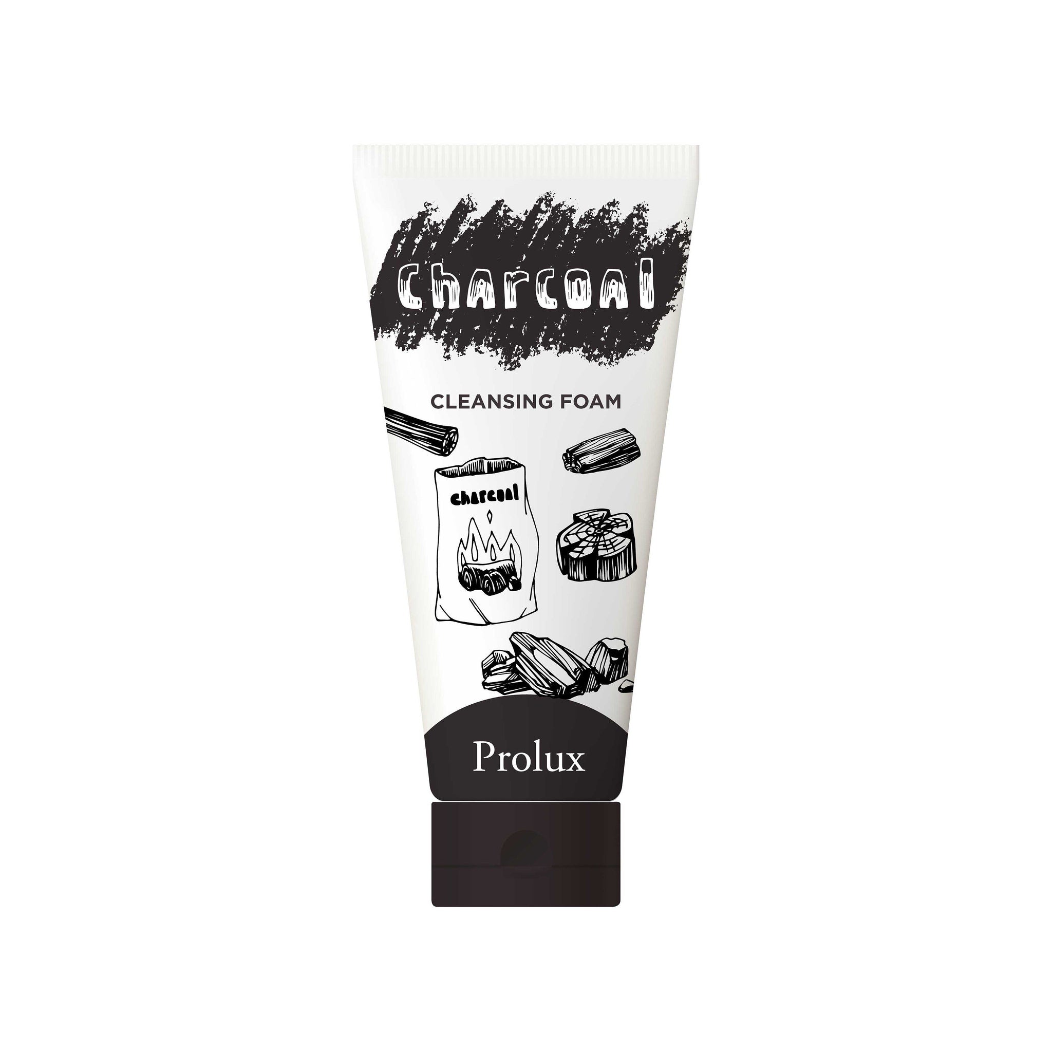 Charcoal cleansing foam tube, white and black design, Prolux brand name displayed on tube