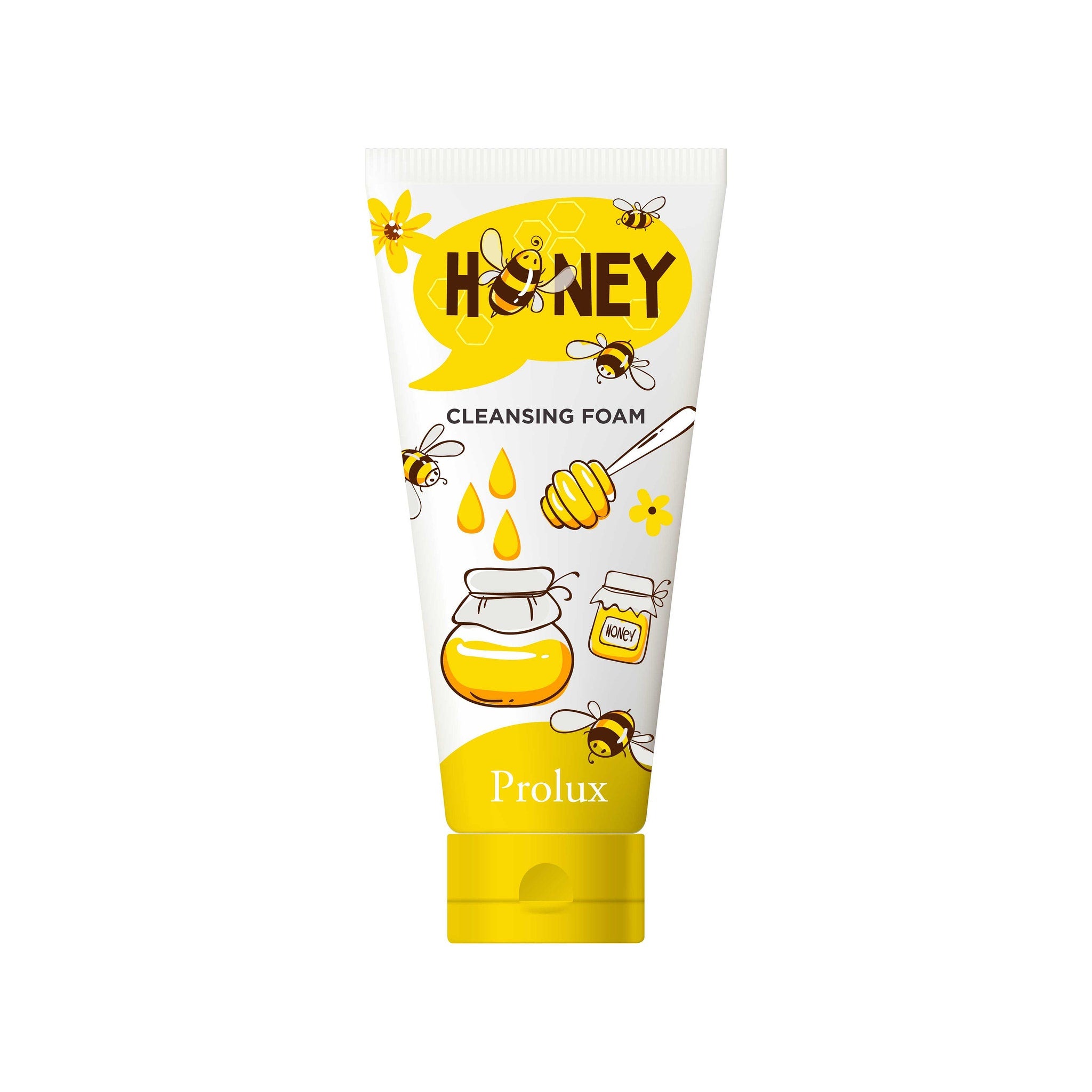 Cleansing foam tube with white, yellow, and black graphics, with "Honey" text and bee illustrations, Prolux brand