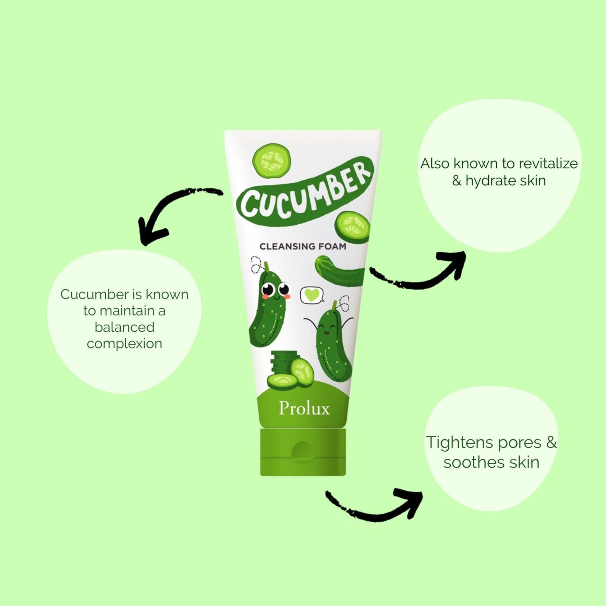 Cucumber cleansing foam tube, white and green, with cucumber illustrations, Prolux brand name displayed