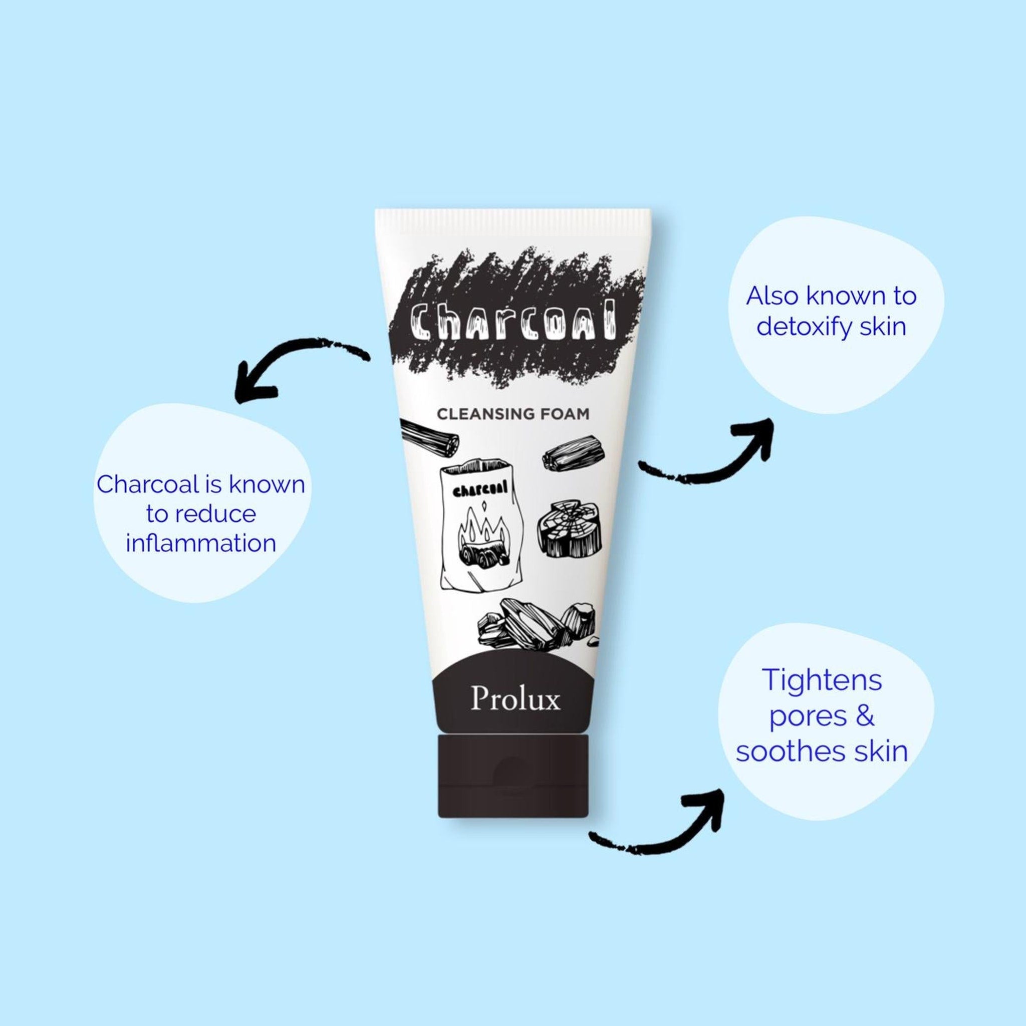 Charcoal cleansing foam in white tube with black cap, Prolux brand name displayed, charcoal illustrations