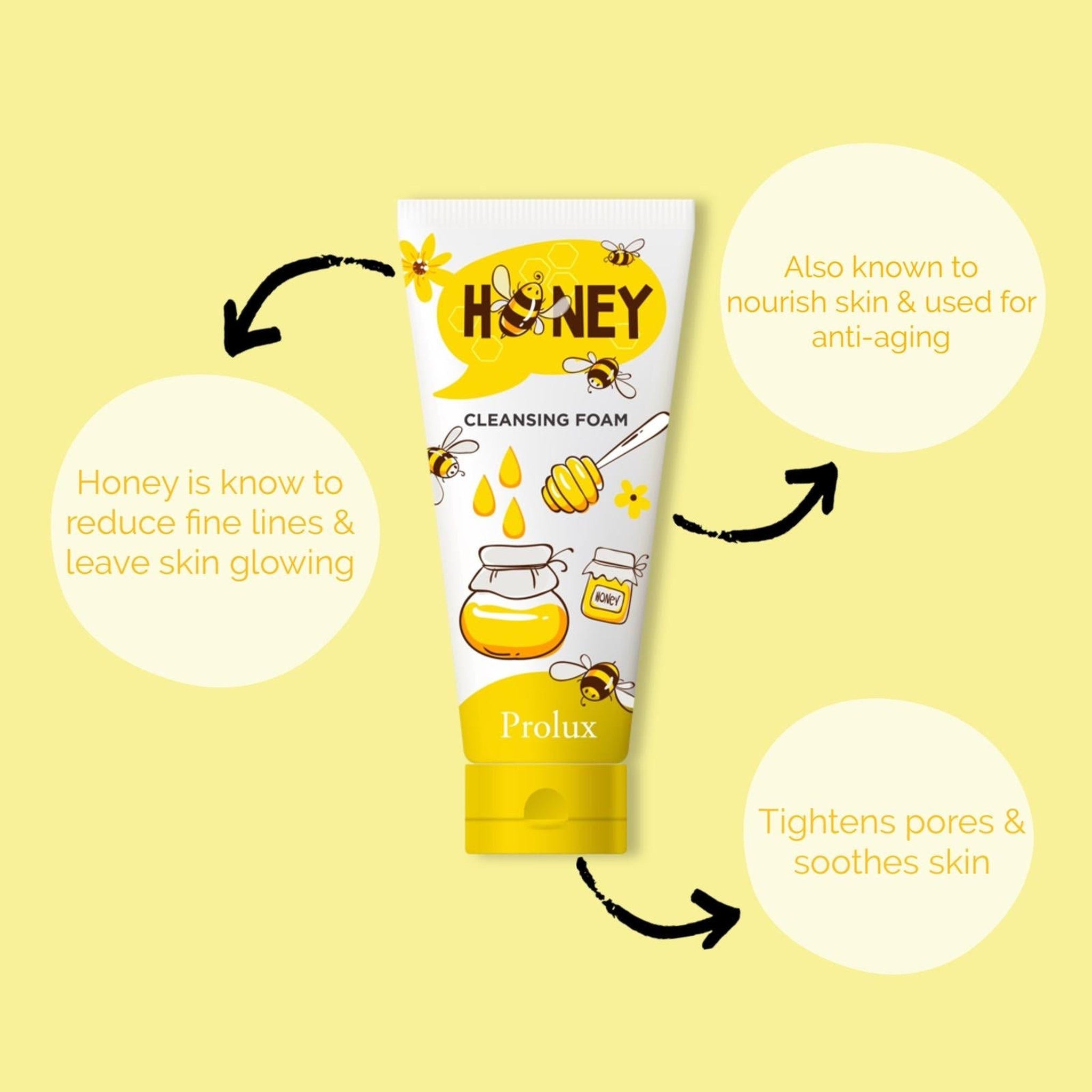 Cleansing foam tube with yellow and white design, "HONEY" text, and bee illustrations, by Prolux brand.