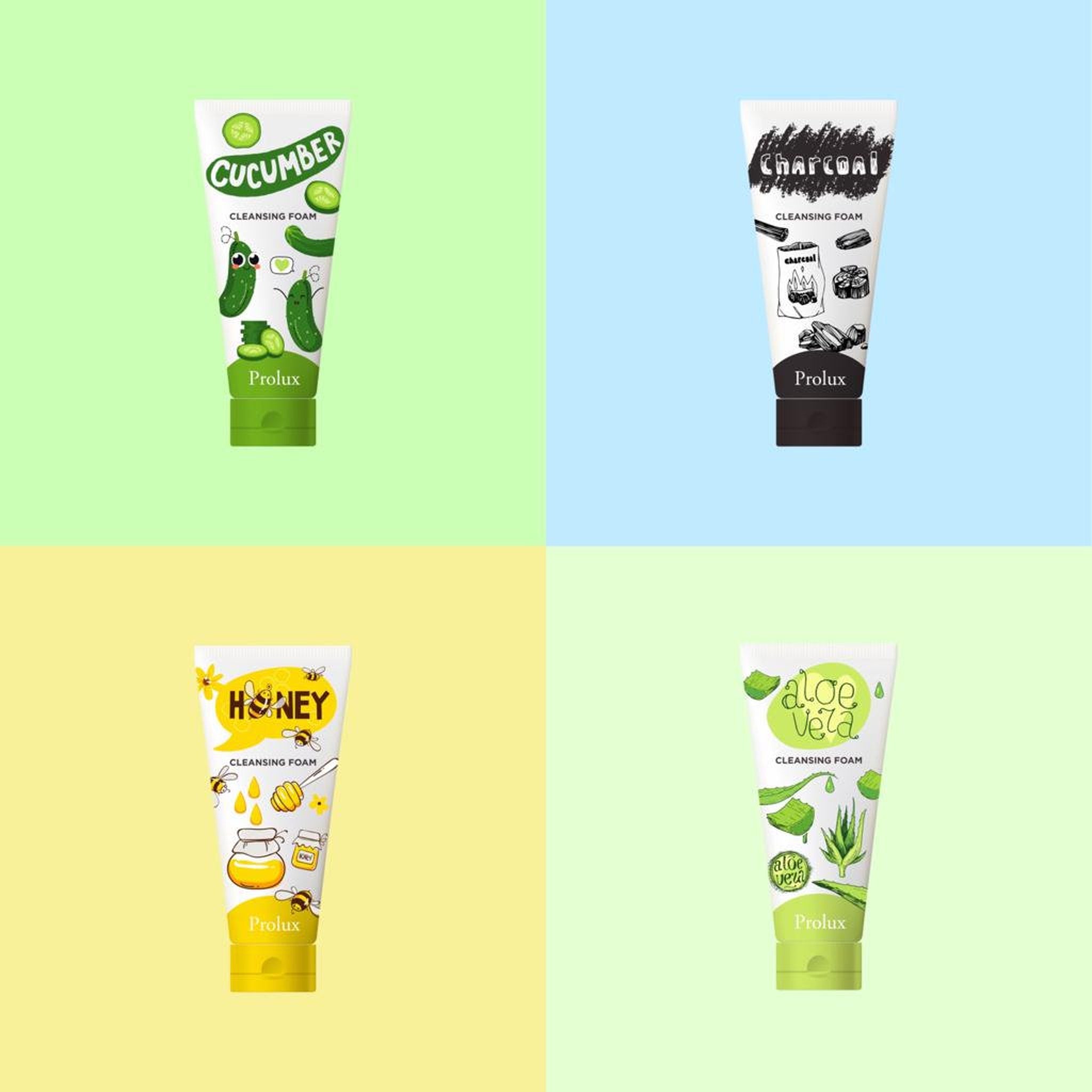 Cleansing foam tubes with Cucumber, Charcoal, Honey, and Aloe Vera labels, by Prolux brand