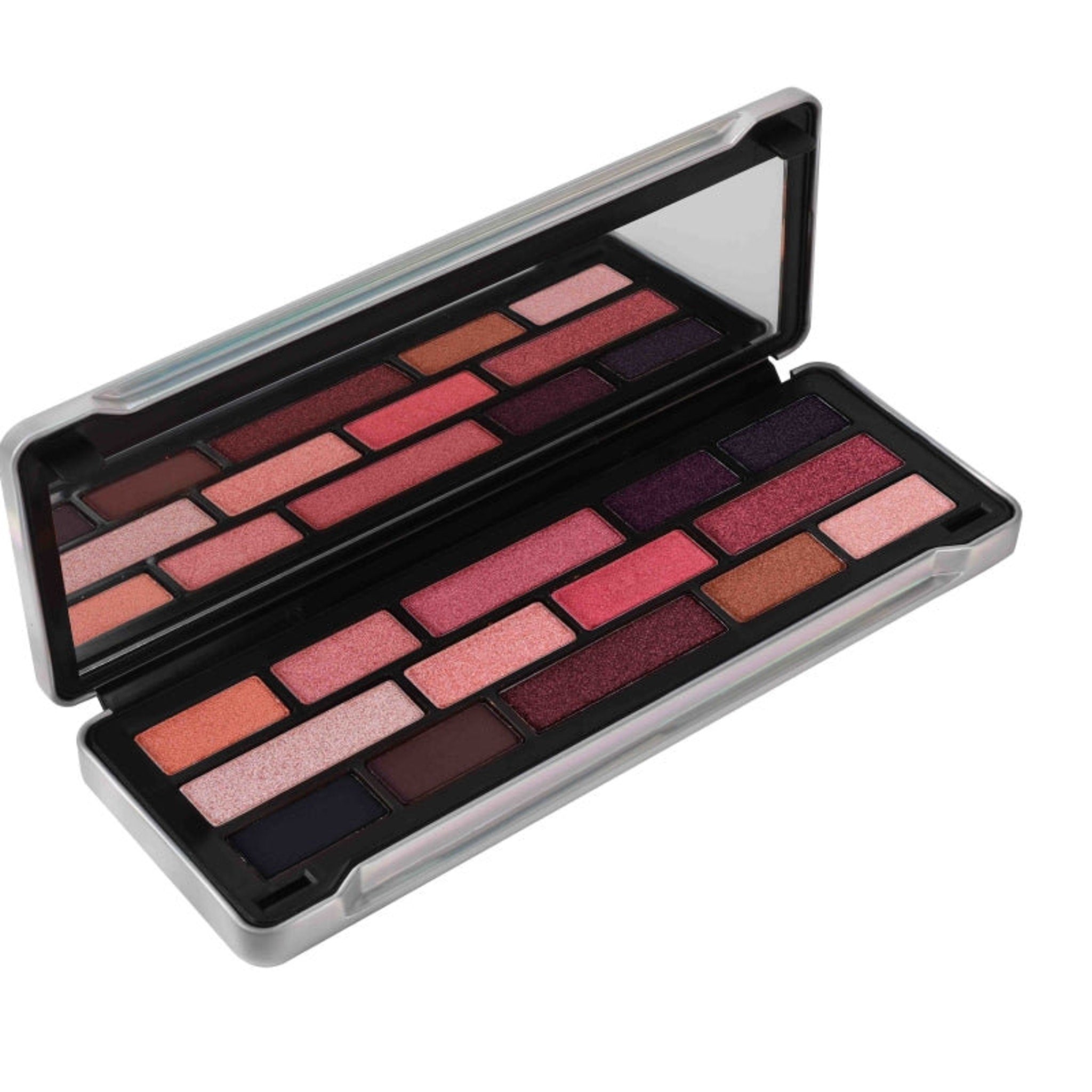 Eyeshadow palette with multiple shades of pink, brown, and purple in a rectangular case with a mirror