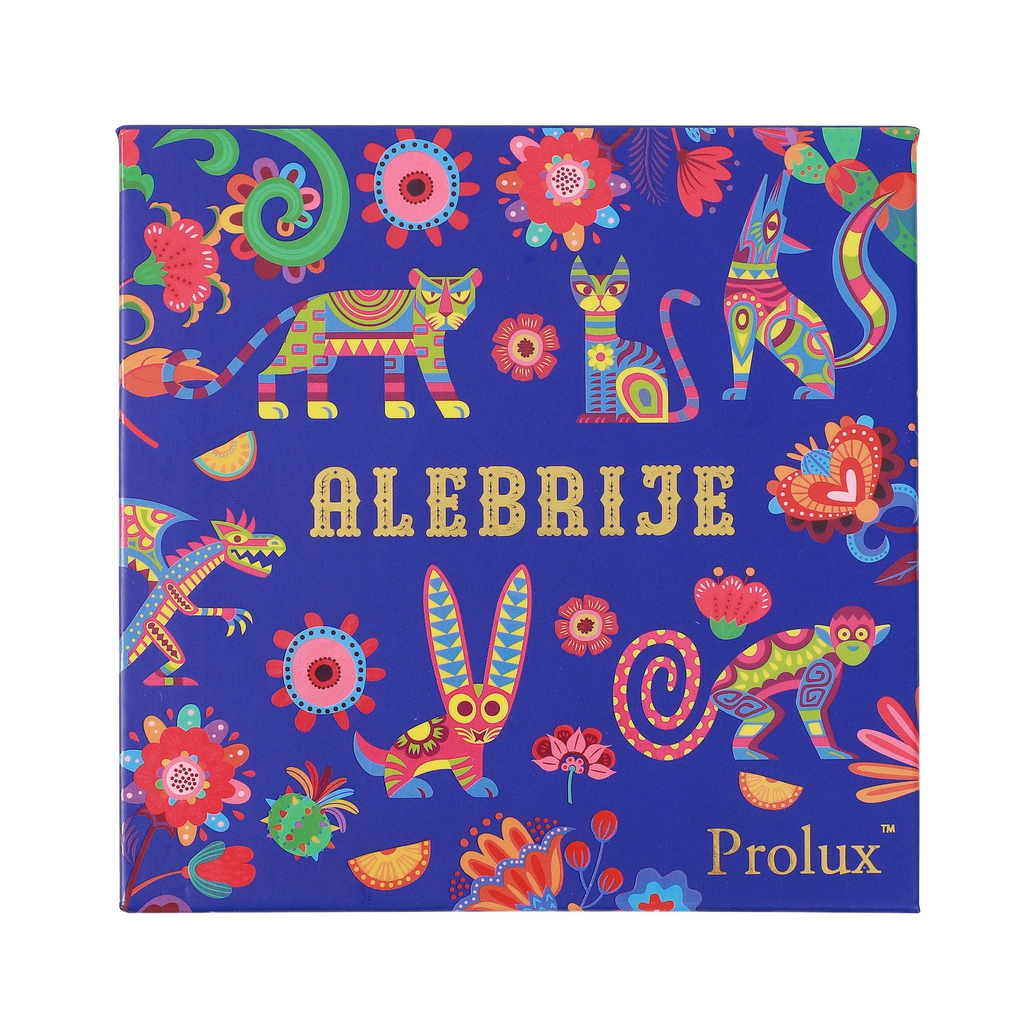 Blue Alebrije design featuring colorful animal illustrations, floral pattern, and Prolux brand text