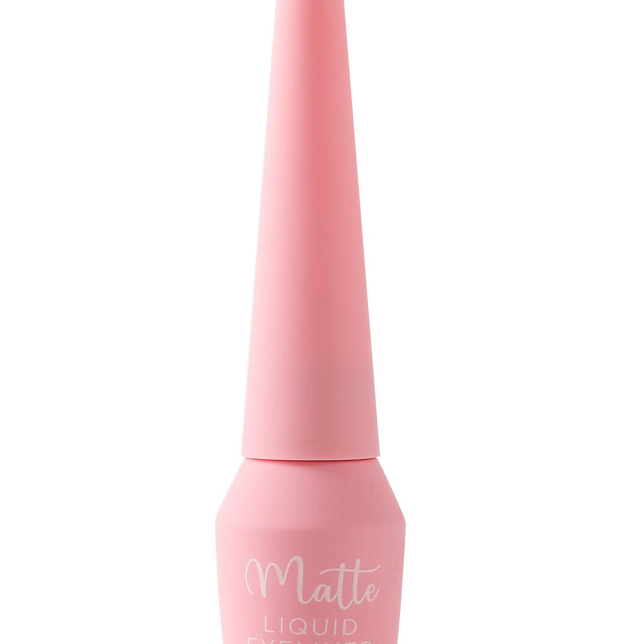 Liquid eyeliner in pink with "Matte" text, matte finish, and applicator tip