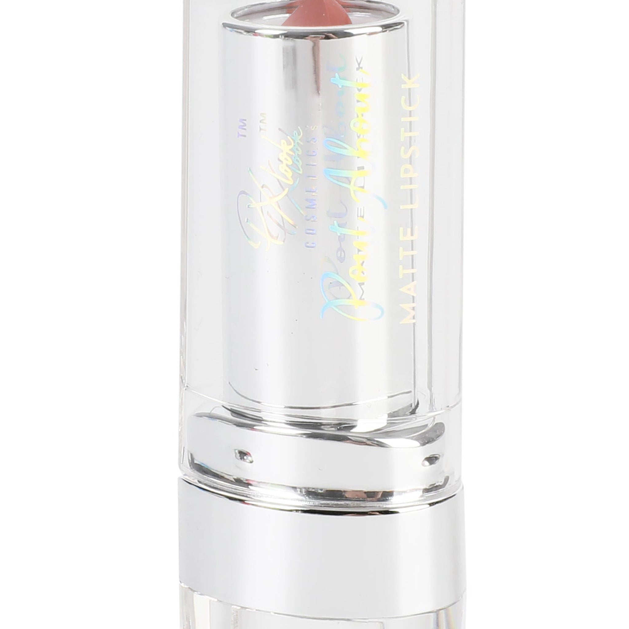 Close-up of PXLOOK lipstick bullet showing creamy satin finish in rich berry shade with gold-toned casing