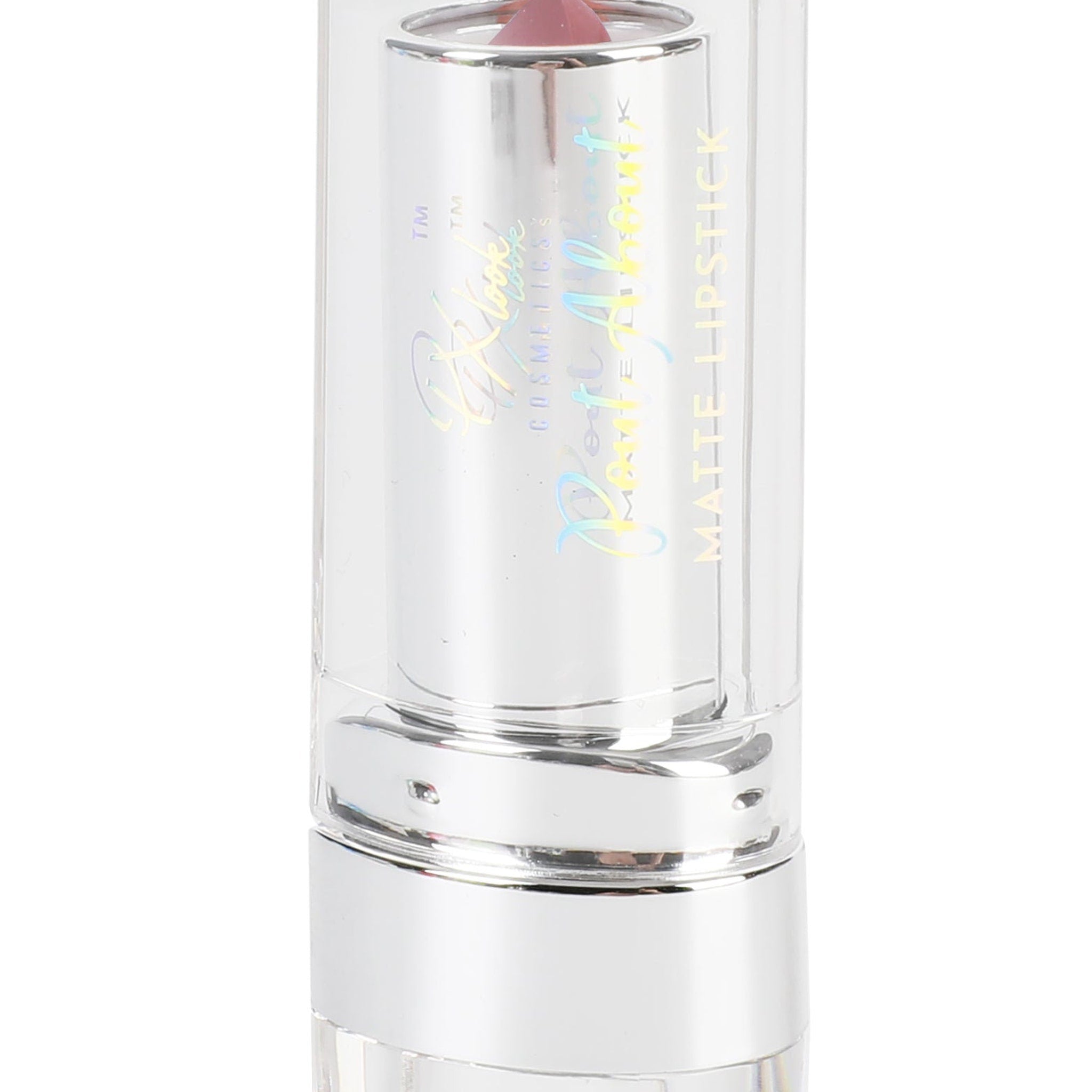 Side view of PXLOOK lipstick bullet showing creamy satin finish in bold berry shade with gold accent packaging