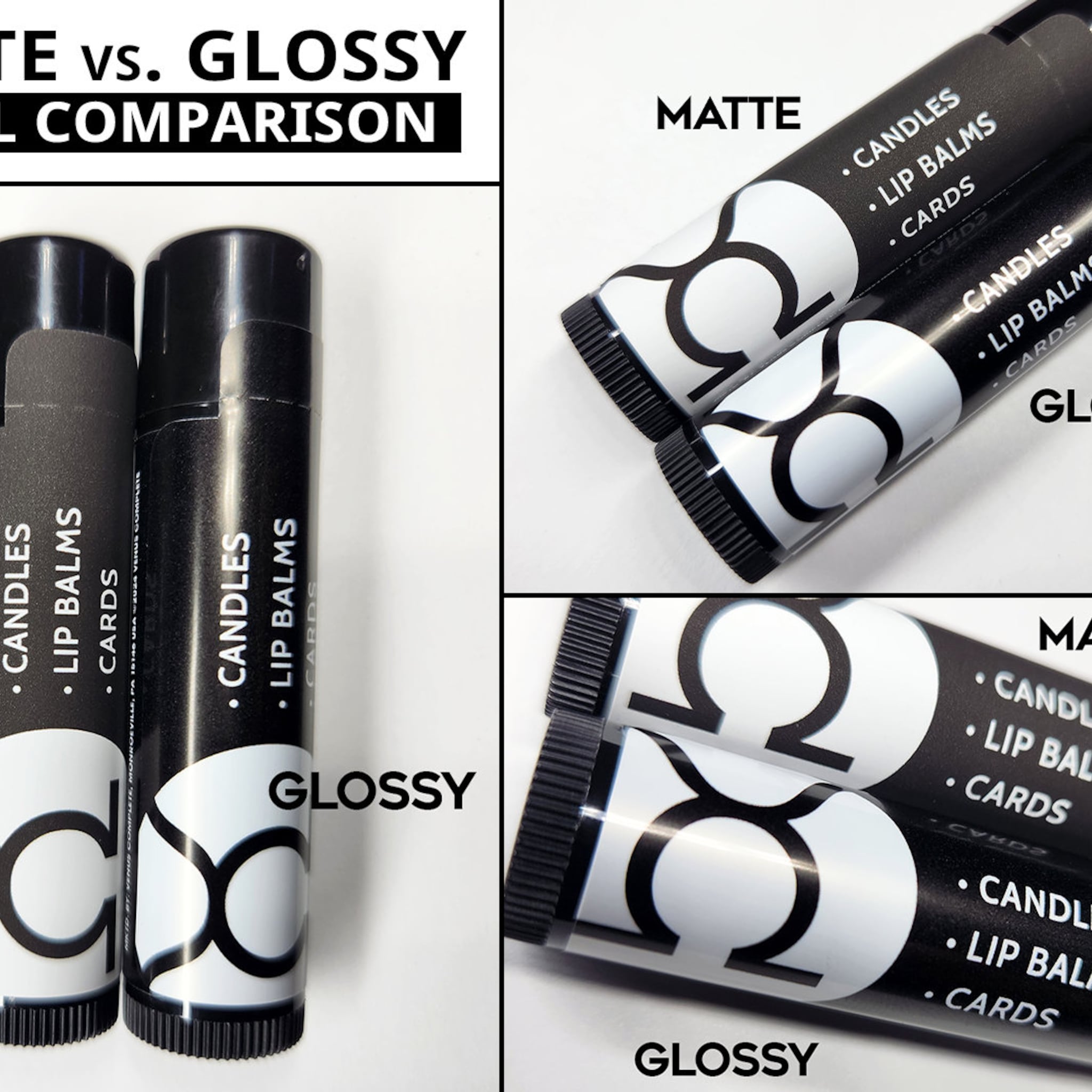 Lip balm tubes in black and white with matte and glossy finishes, Venus Complete brand