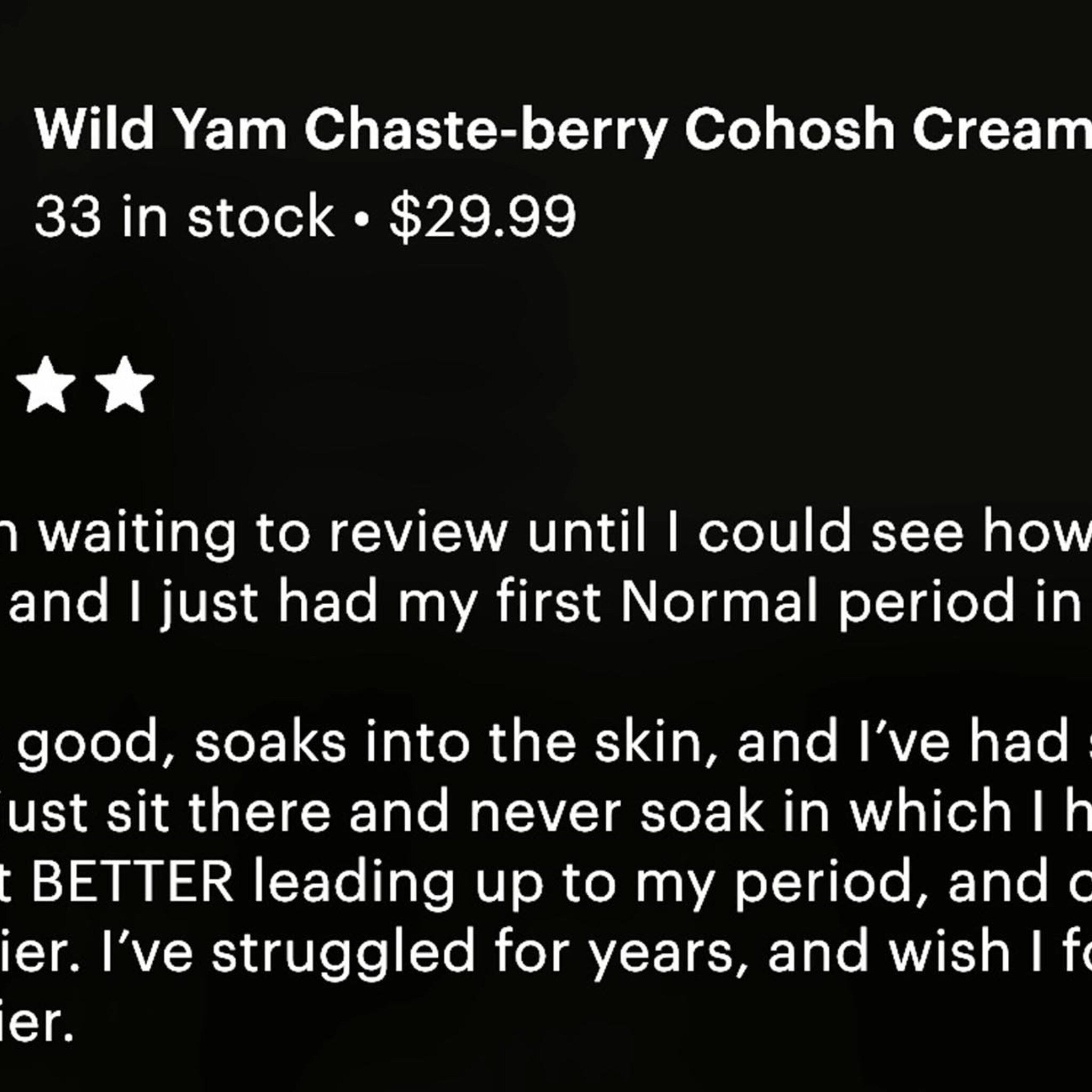 Review with white text on black background, including stars and price information