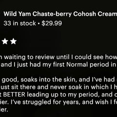 Review with white text on black background, including stars and price information