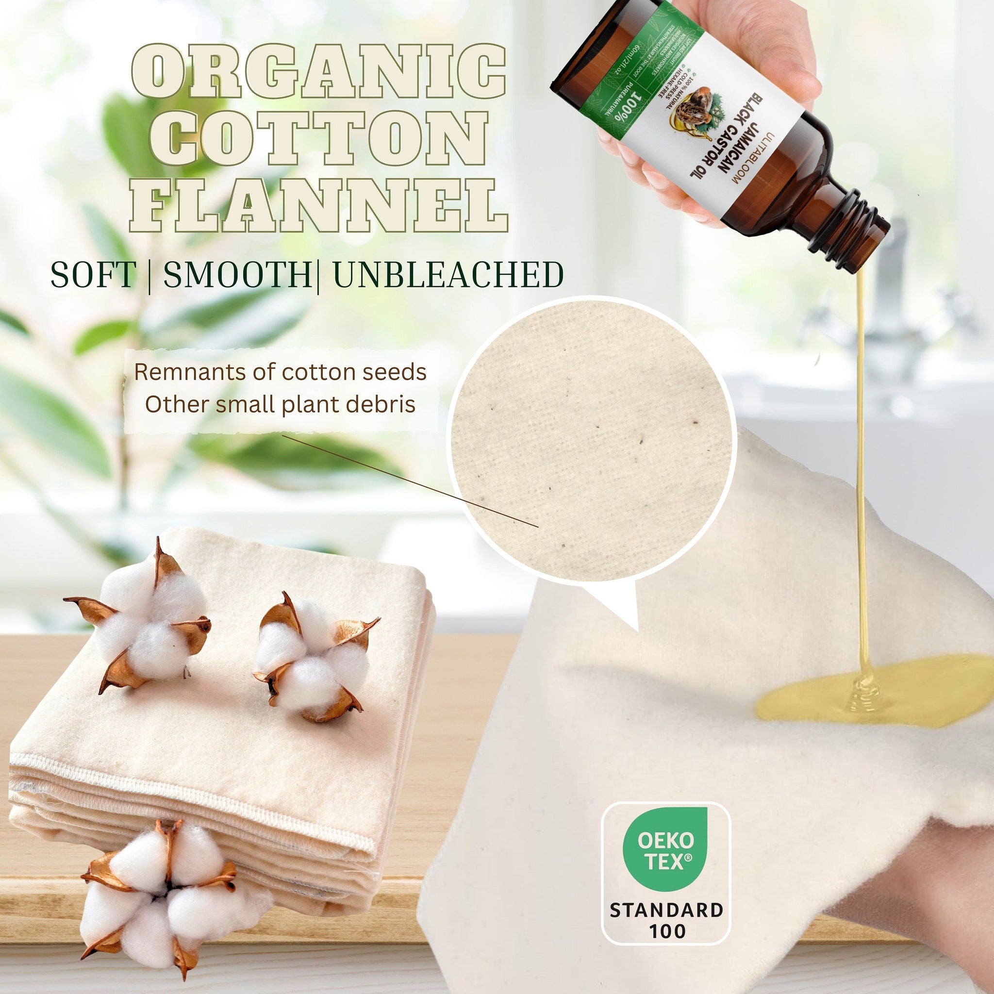 Organic cotton flannel, unbleached fabric, natural color, with oil being poured onto it.