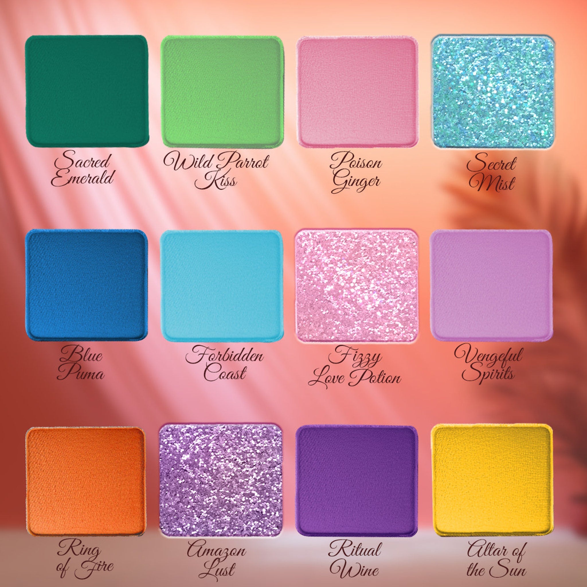 Close-up of vibrant teal and gold eyeshadow pans in tropical palette with floral packaging accents