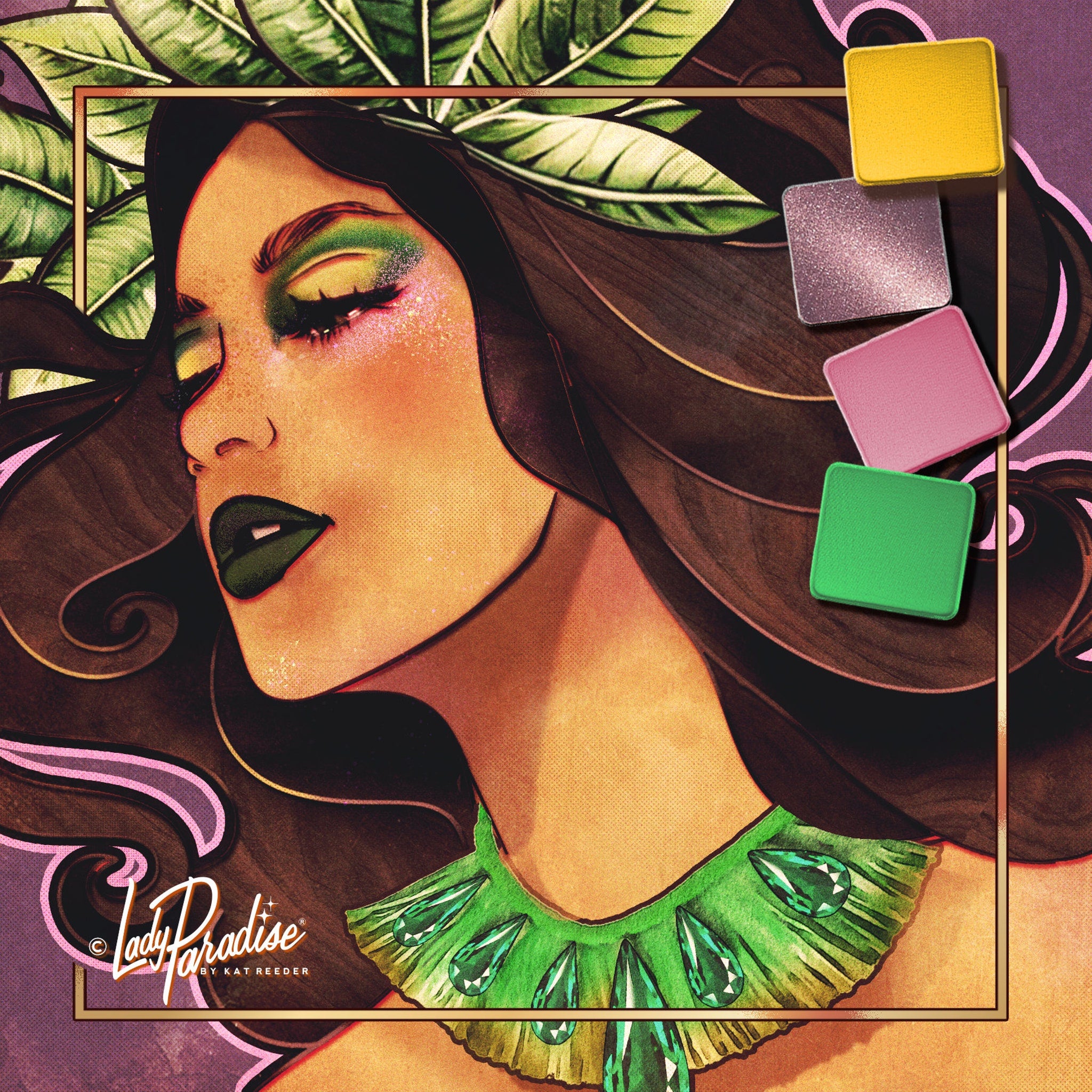 Side view of Jungle Queen eyeshadow palette showing 12 vibrant rainbow shades in tropical hues with floral packaging