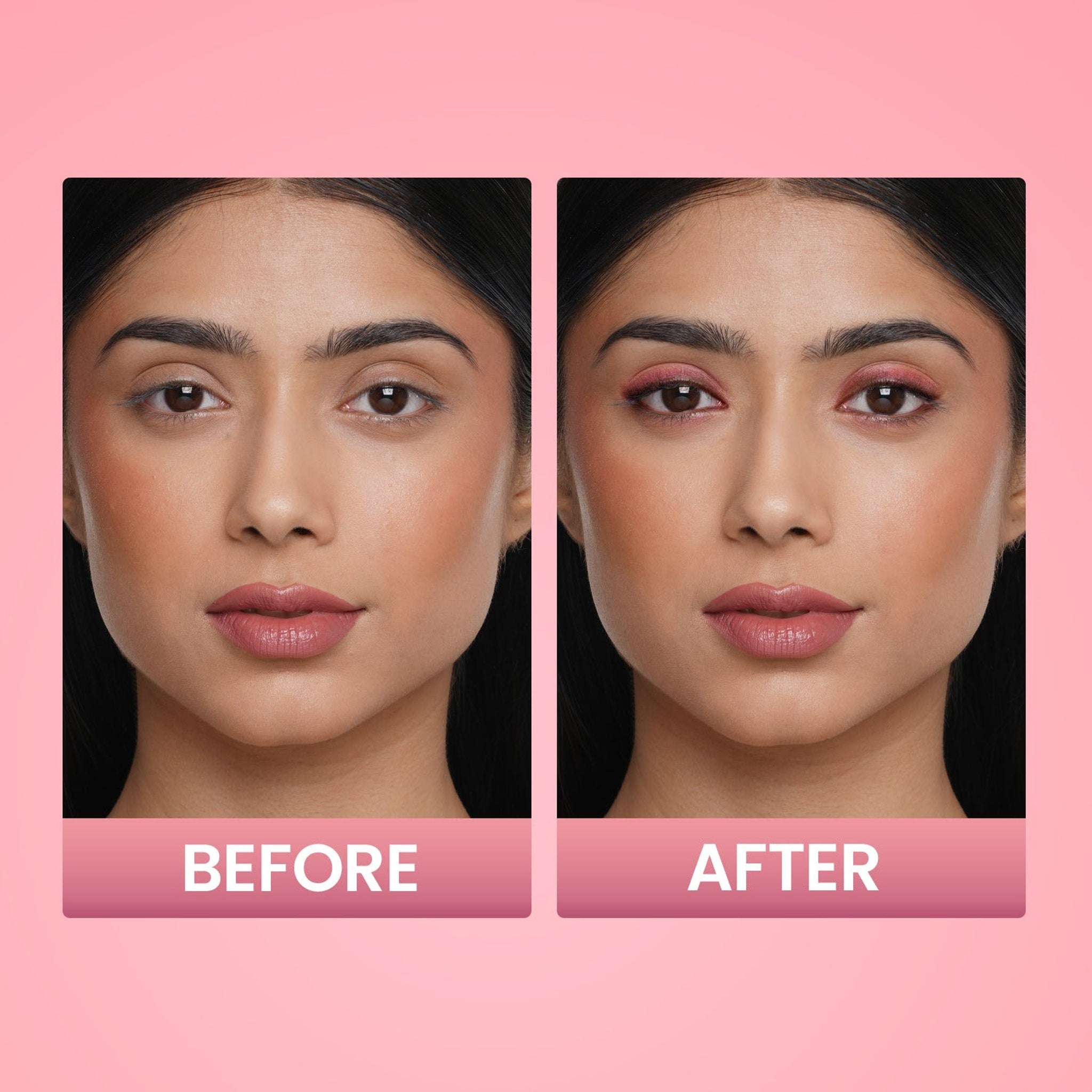 Makeup before and after comparison, showing a woman with brown eyes, rosy blush, and pink lipstick application