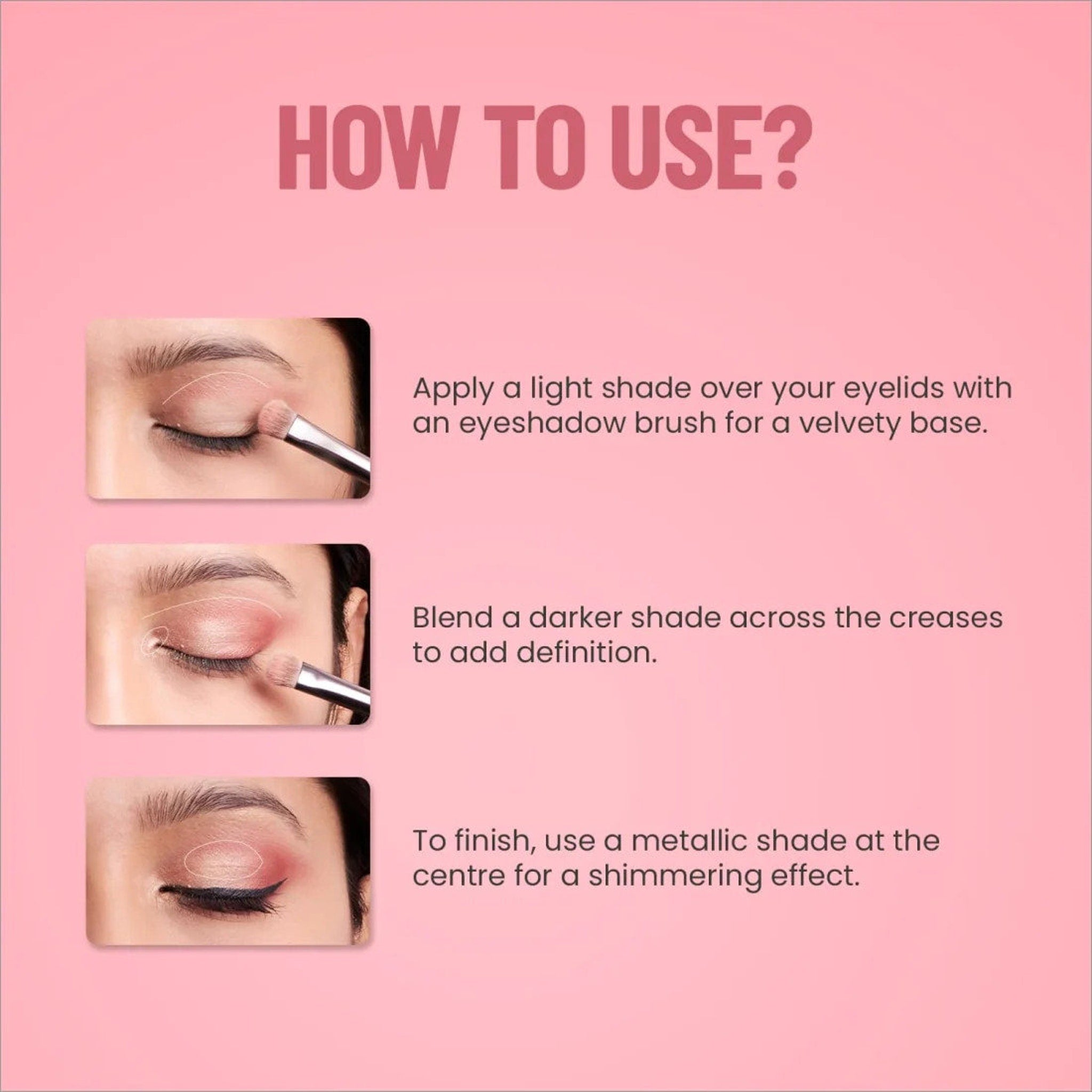 Eyeshadow application guide with pink and metallic shades, showing steps for eye makeup application