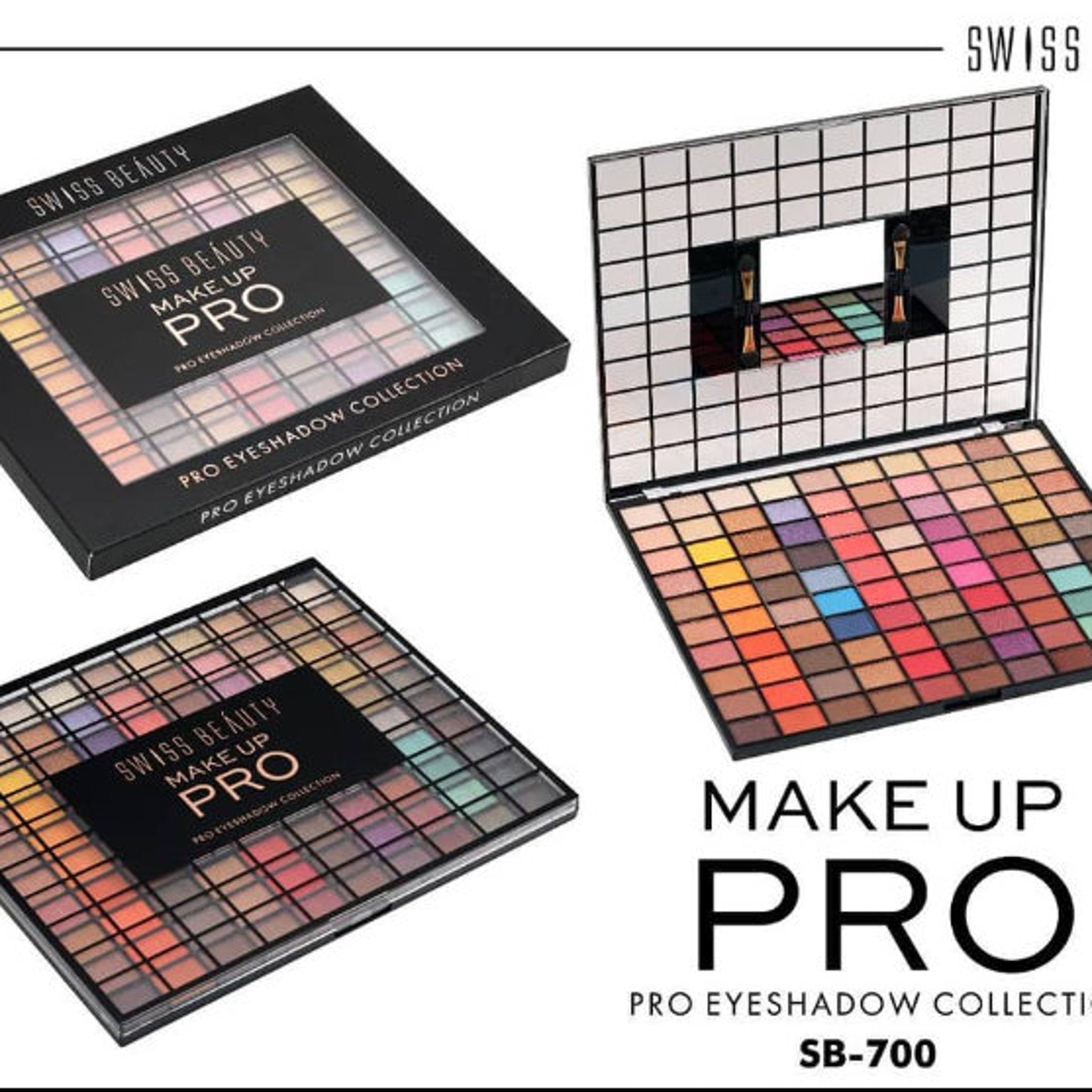 Eyeshadow palette with multiple colors, black case, and "Swiss Beauty" branding visible