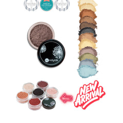 Close-up of vegan mineral eyeshadow pan in natural tones with smooth matte finish, perfect for sensitive eyes