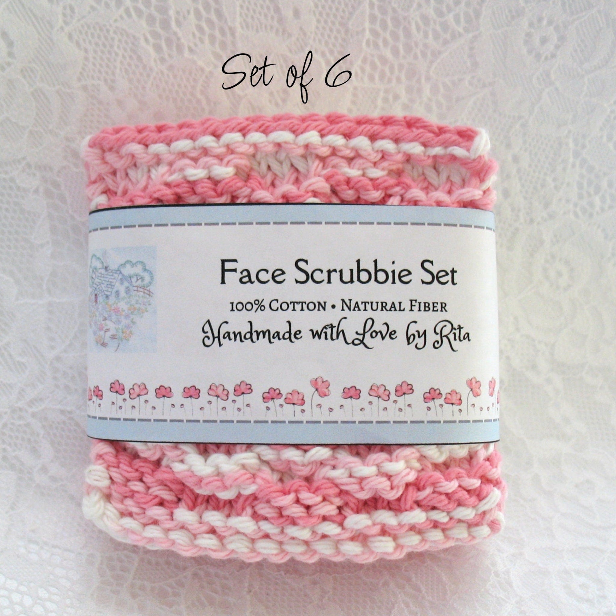 Face scrubbies, pink and white knitted cotton pads, "Face Scrubbie Set" label visible
