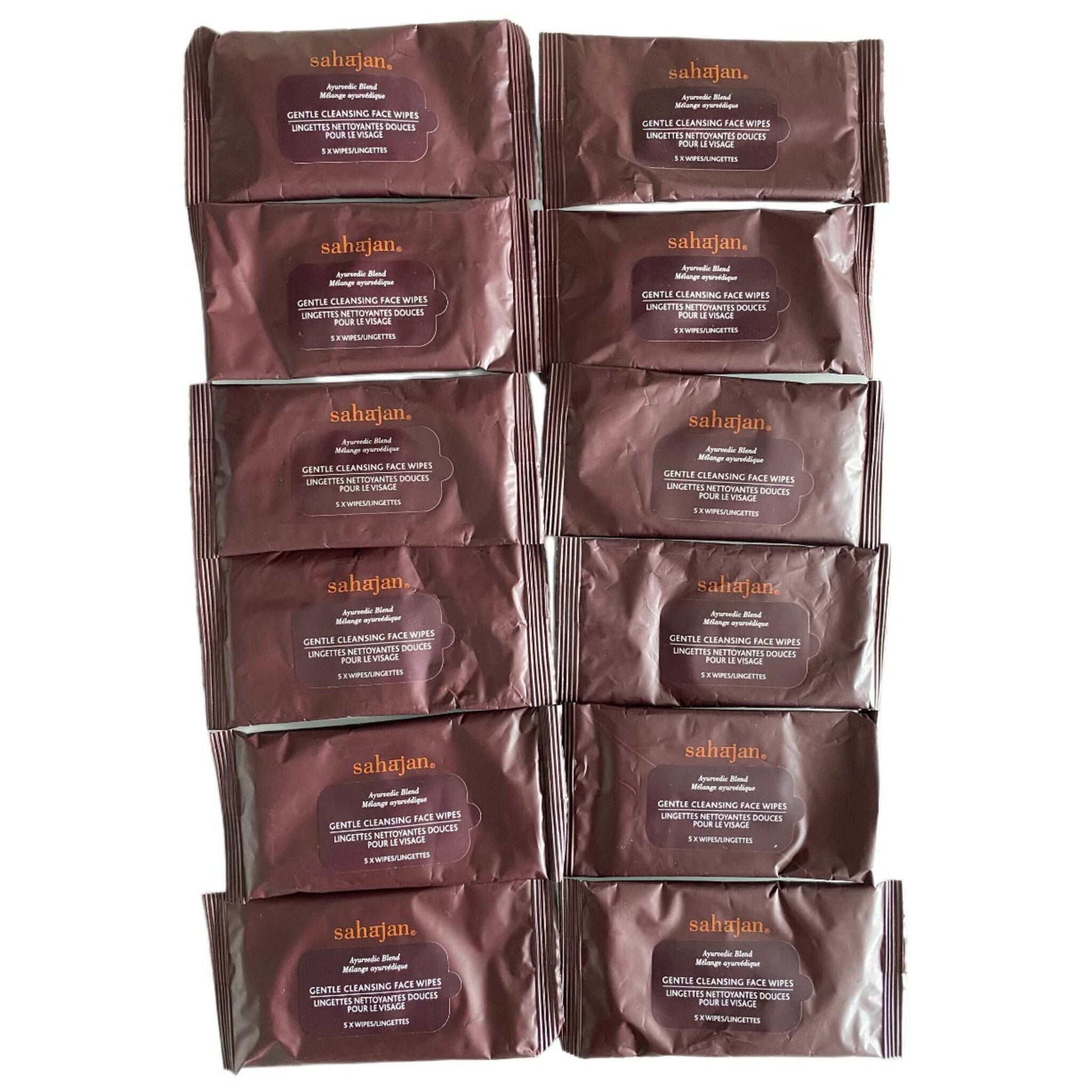 Face wipes in brown packaging with "sahajan" text and white text labels, stacked together