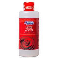 Rose water bottle with red label, white plastic, and TOP OP brand text
