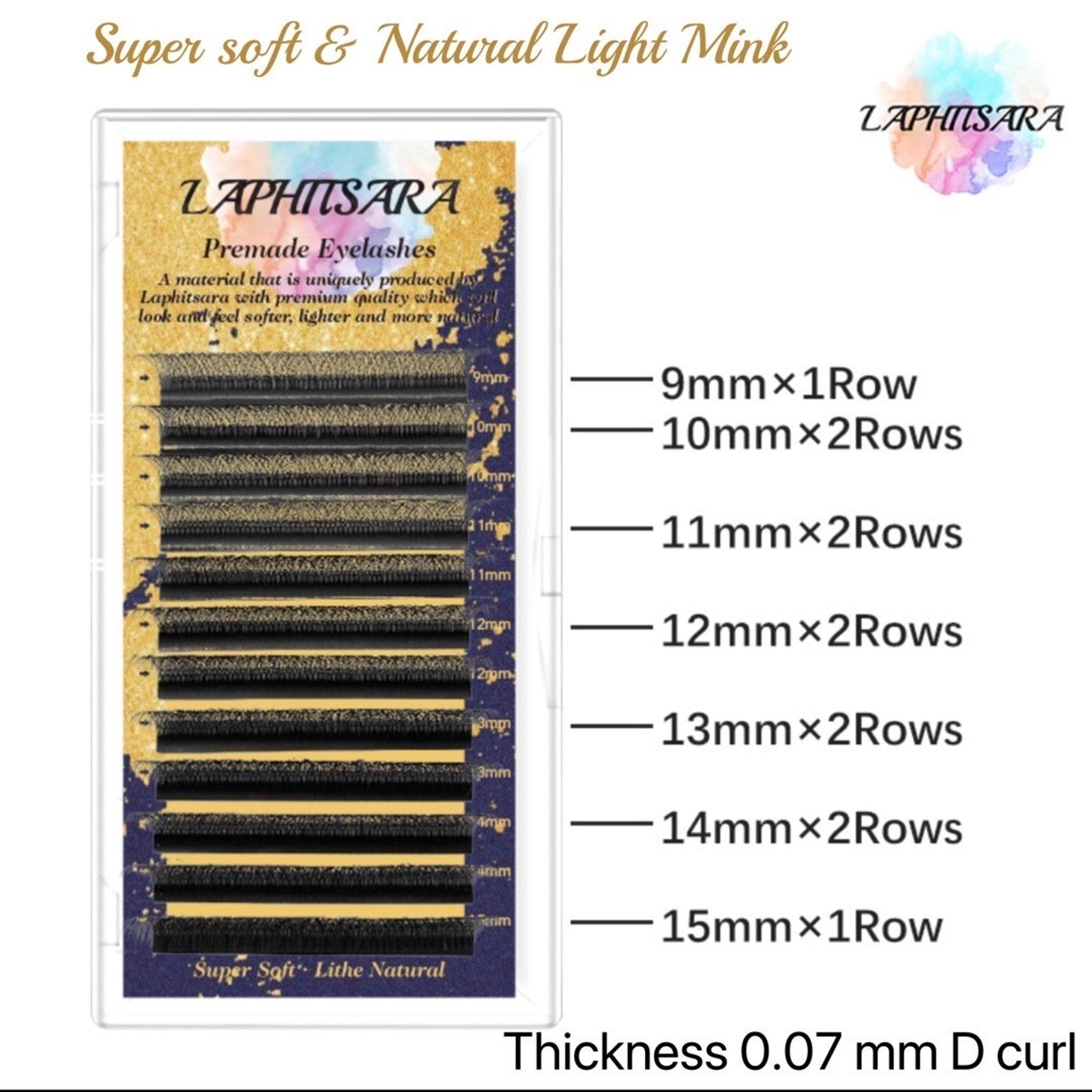 Premade eyelashes with black lashes, gold backing, and LAPHITSARA brand text showing lash lengths and rows