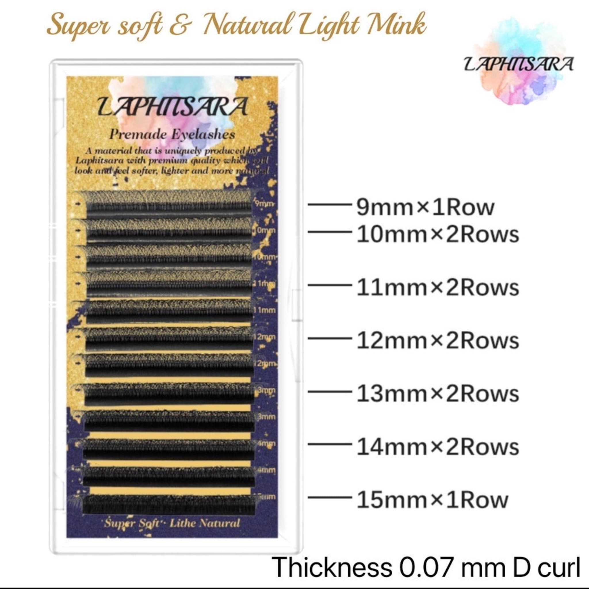 Premade eyelashes in black, with LAPHITSARA branding, arranged in rows by length and thickness