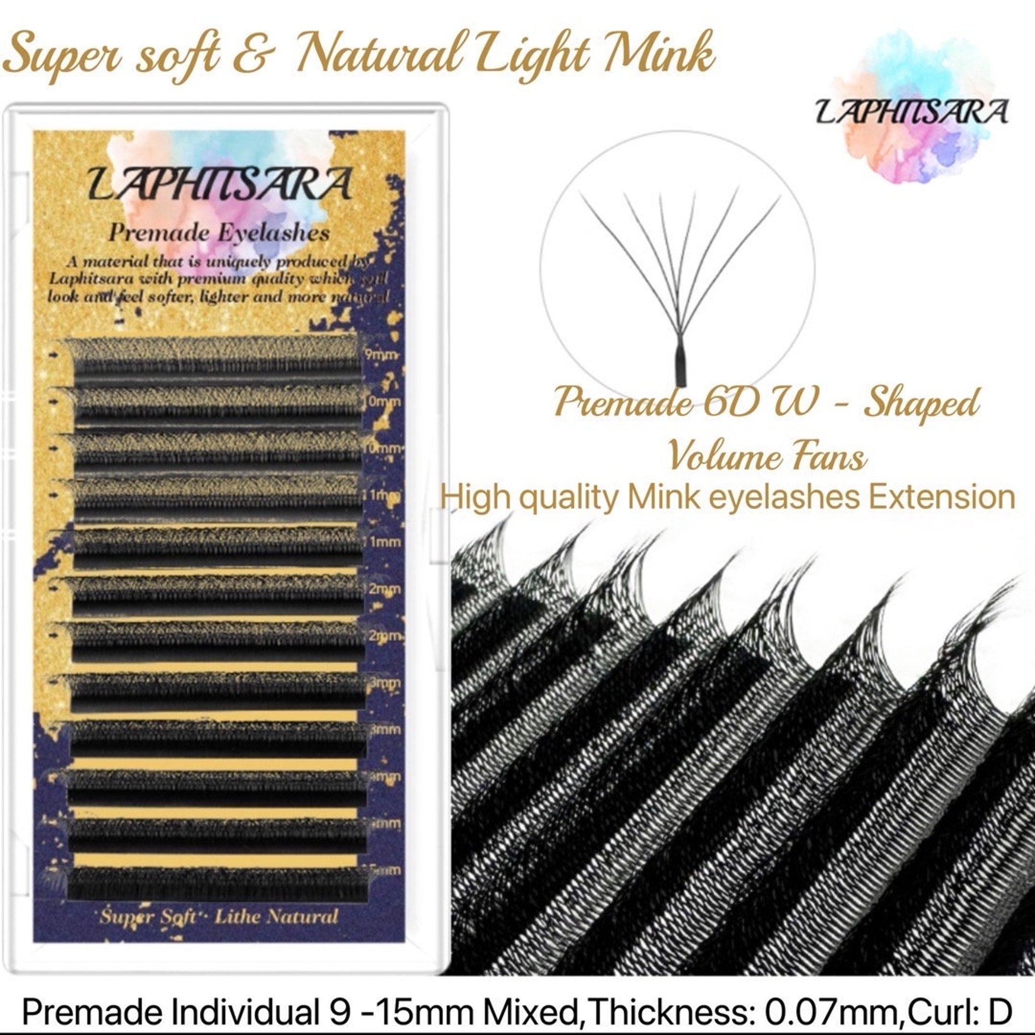 Premade eyelashes in black, with LAPHITSARA branding and a layered style for volume fans
