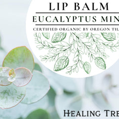 Lip balm label with green eucalyptus leaves and text, white background, black text "Eucalyptus Mint