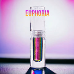 Side view of multichrome liquid eyeshadow bottle showing iridescent purple-green shift in light