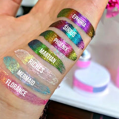 Multichrome liquid eyeshadow in shifting iridescent hues with chrome lipstick duo, sleek tube packaging