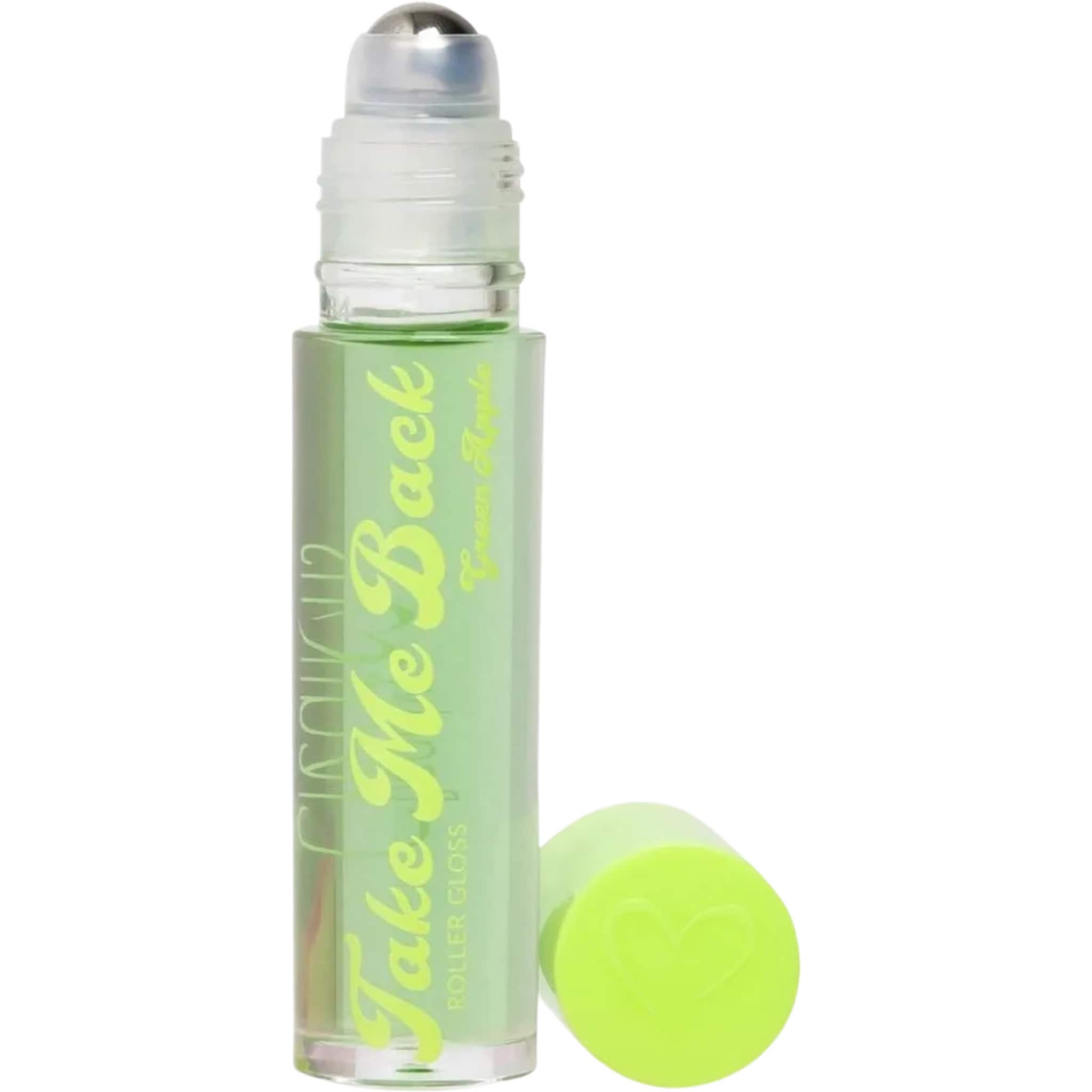 Roller gloss with green liquid, clear cap, and neon green lid with heart detail