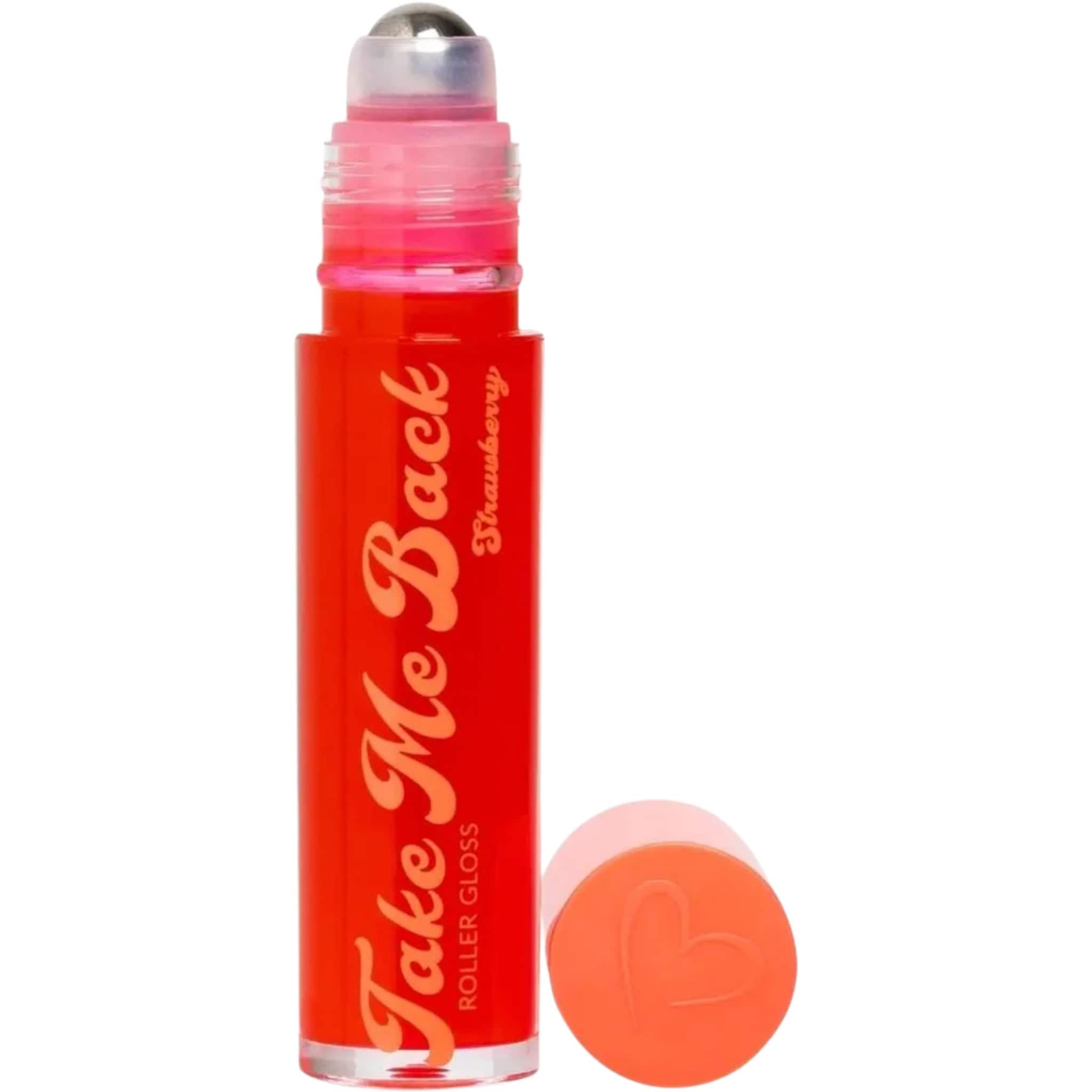 Roller gloss bottle in red with pink cap, Take Me Back text, Strawberry flavor