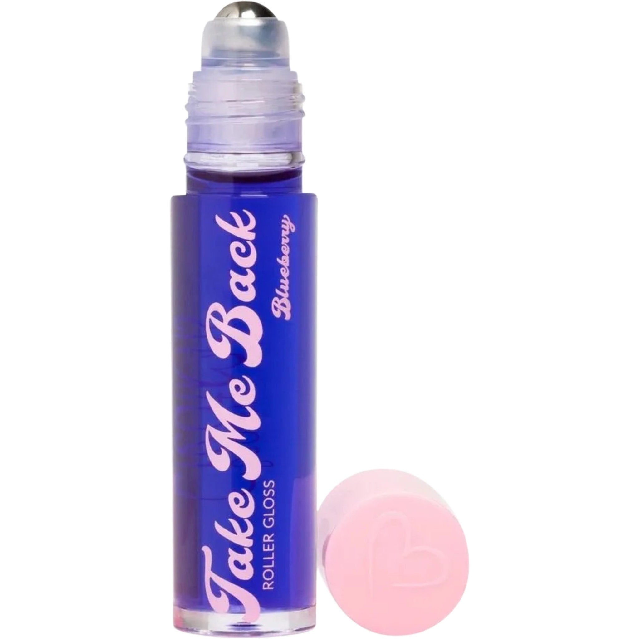 Roller gloss bottle in blue with pink text and cap, Beauty Creations brand