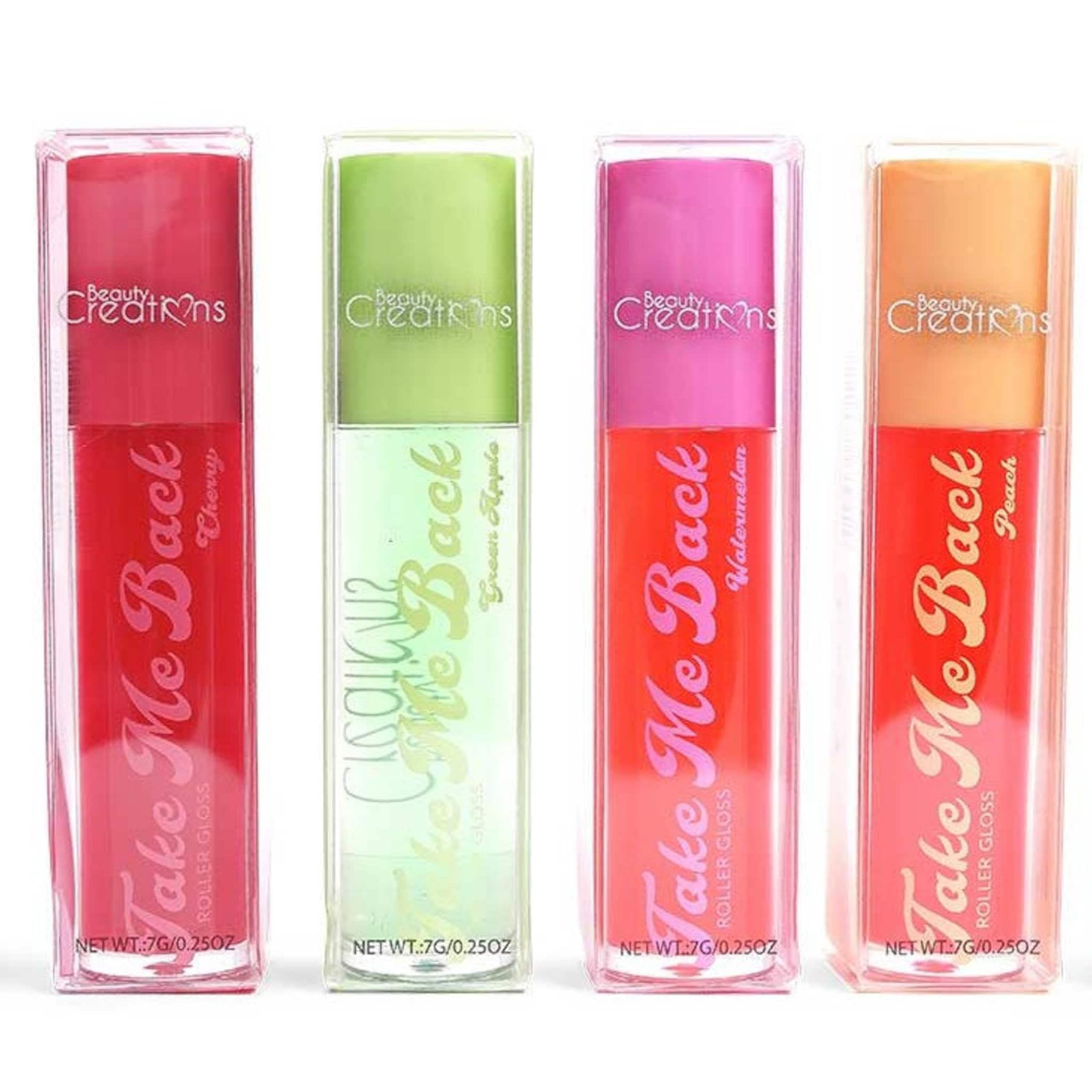 Roller gloss tubes in red, green, pink, and orange with "Beauty Creations" and "Take Me Back" text