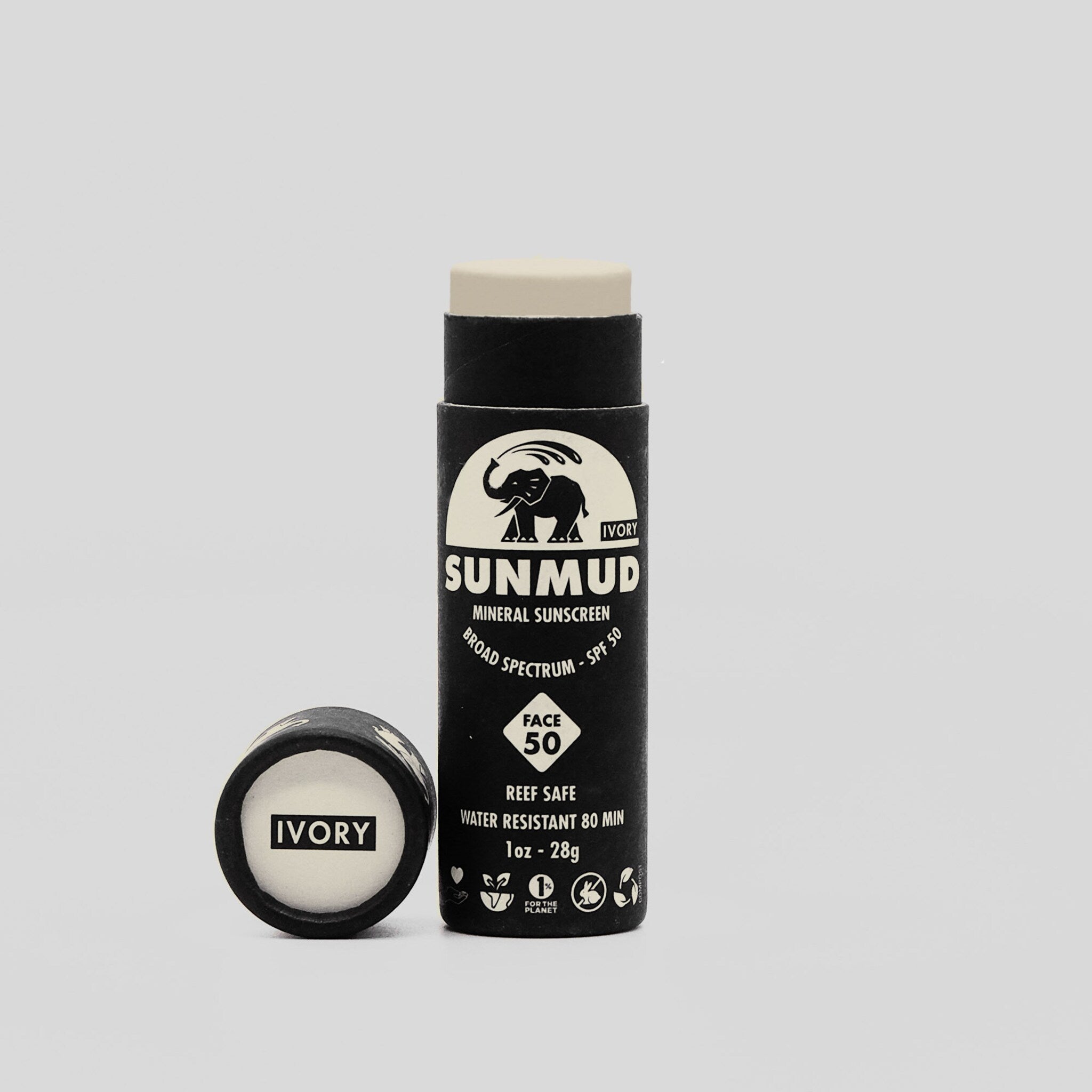 Sunscreen stick with ivory and black packaging, brand name SUNMUD visible, for face protection