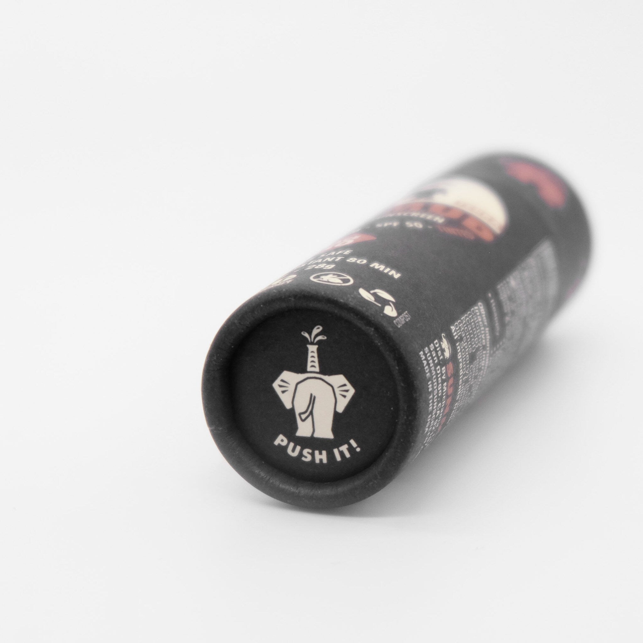 Sunscreen tube, black cardboard, white text and elephant logo, push-to-use design