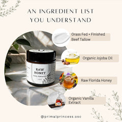 Raw honey jar with black lid, white label, and ingredient list graphic with text