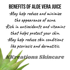 Aloe Vera Juice benefits text on white background with green aloe plant, KKreations Skincare logo