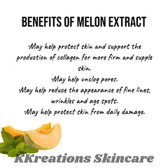 Melon extract benefits graphic with orange fruit, green leaves, and black text, KKreations Skincare brand